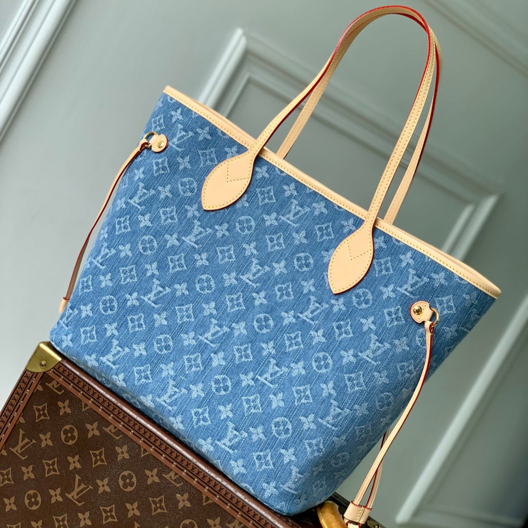 NEVERFULL MM 31 IN DENIM BLUE MONOGRAM COWHIDE LEATHER TRIM