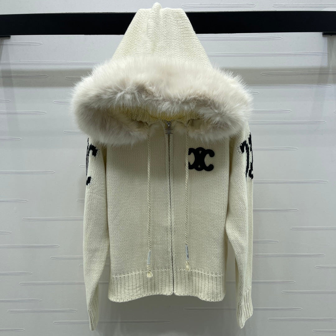 CELINE 25S HOODED CARDIGAN WITH FUR TRIM 0089