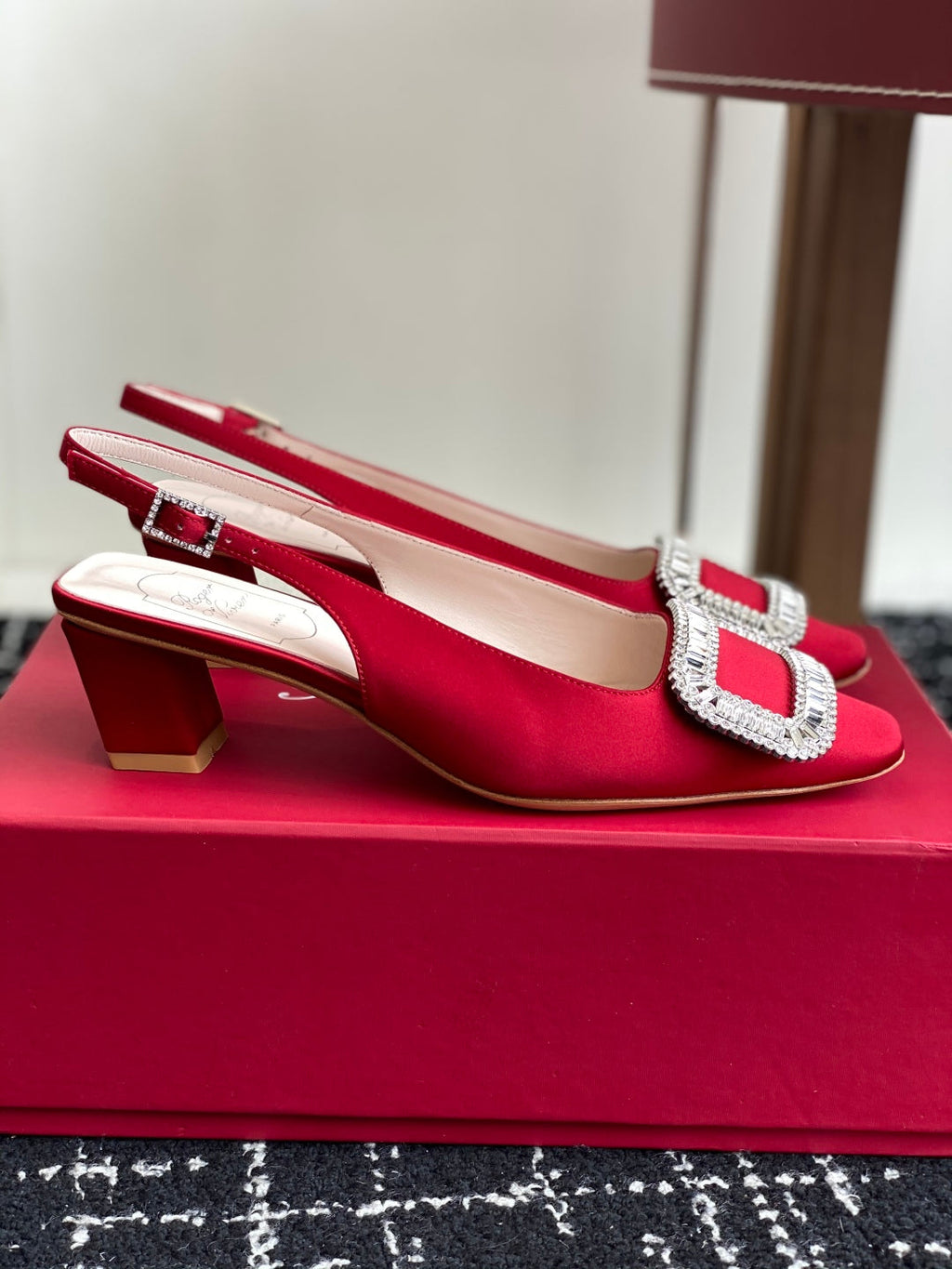 ROGER VIVIER 25S VIVIER SLINGBACK 45MM IN BRIGHT RED SILK EMBELLISHED CRYSTALS