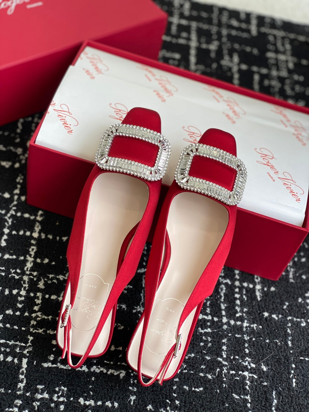 ROGER VIVIER 25S VIVIER SLINGBACK 45MM IN BRIGHT RED SILK EMBELLISHED CRYSTALS
