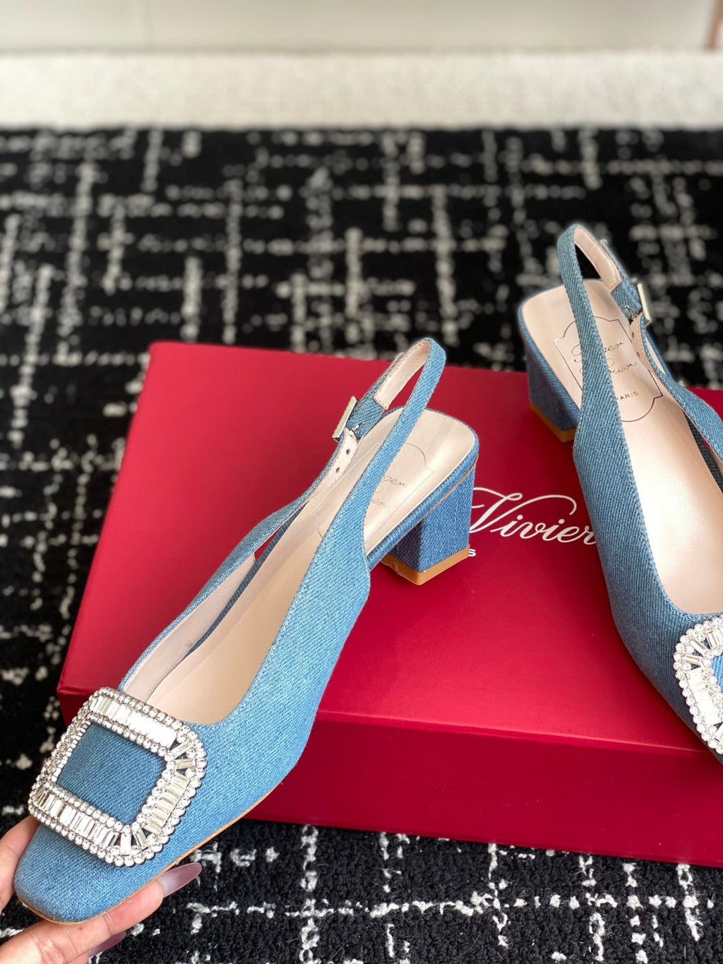 ROGER VIVIER 25S VIVIER SLINGBACK 45MM IN BLUE DENIM EMBELLISHED CRYSTALS