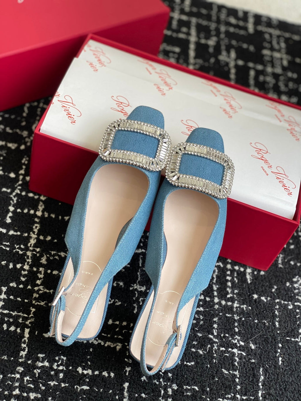 ROGER VIVIER 25S VIVIER SLINGBACK 45MM IN BLUE DENIM EMBELLISHED CRYSTALS
