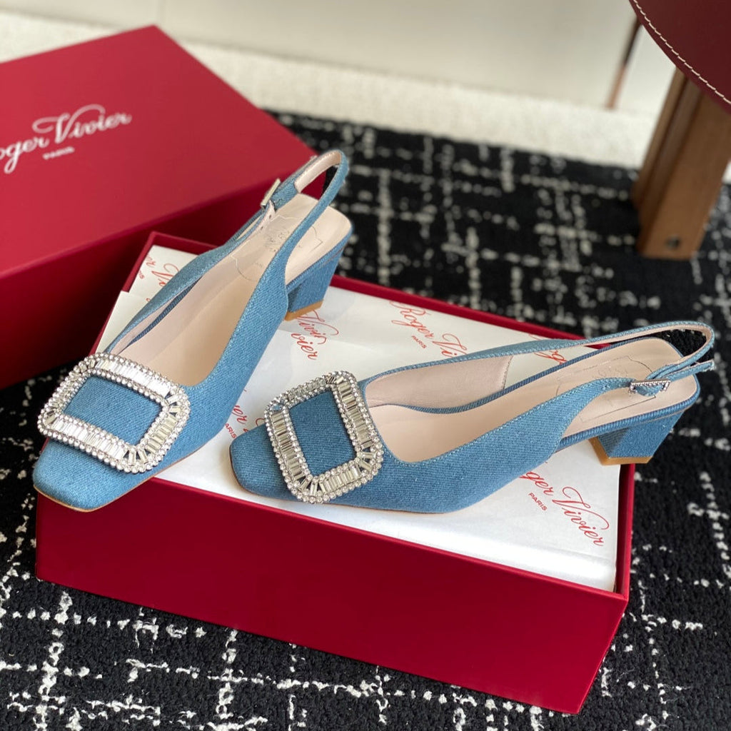 ROGER VIVIER 25S VIVIER SLINGBACK 45MM IN BLUE DENIM EMBELLISHED CRYSTALS