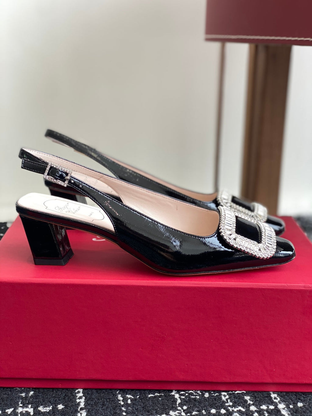 ROGER VIVIER 25S VIVIER SLINGBACK 45MM IN BLACK CALFSKIN EMBELLISHED CRYSTALS