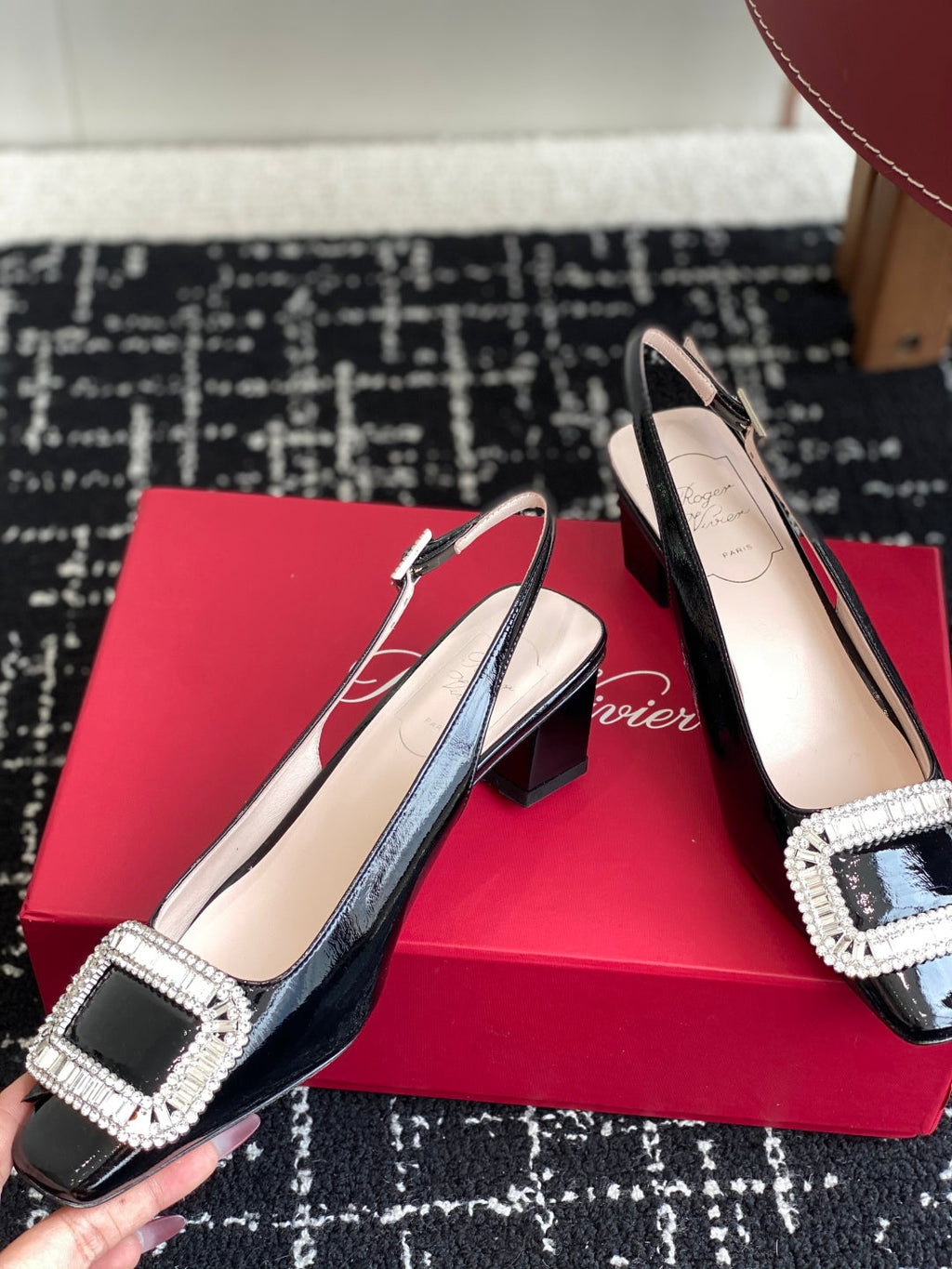 ROGER VIVIER 25S VIVIER SLINGBACK 45MM IN BLACK CALFSKIN EMBELLISHED CRYSTALS
