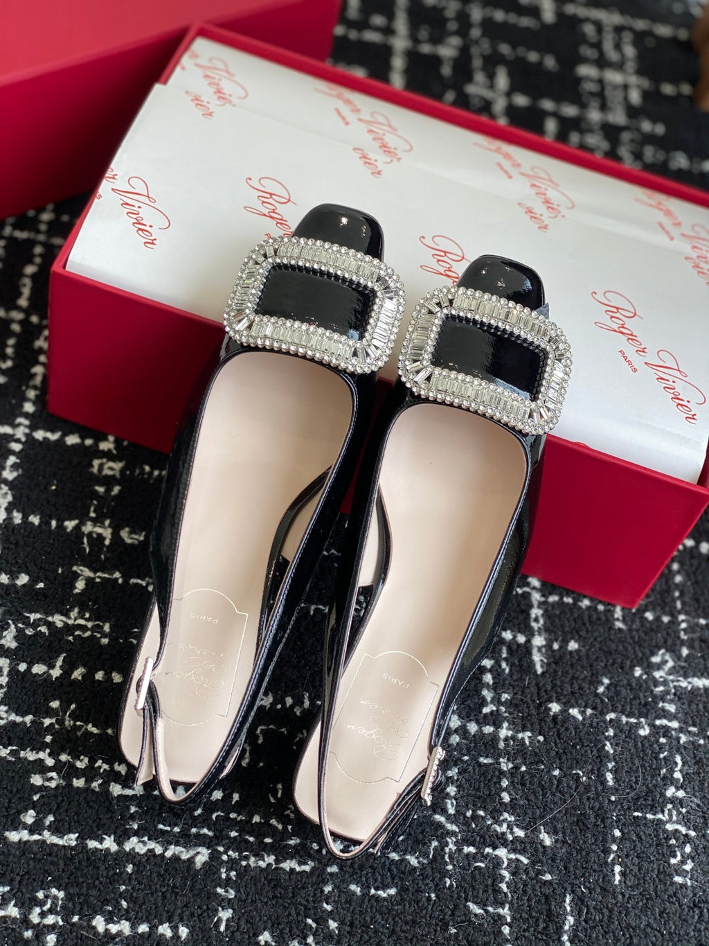 ROGER VIVIER 25S VIVIER SLINGBACK 45MM IN BLACK CALFSKIN EMBELLISHED CRYSTALS