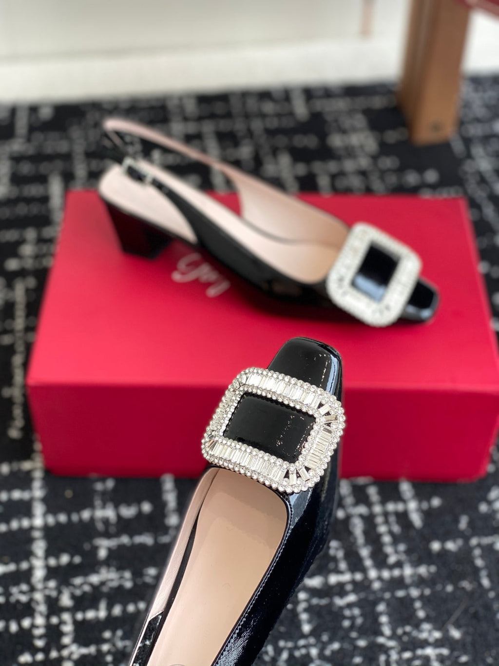 ROGER VIVIER 25S VIVIER SLINGBACK 45MM IN BLACK CALFSKIN EMBELLISHED CRYSTALS