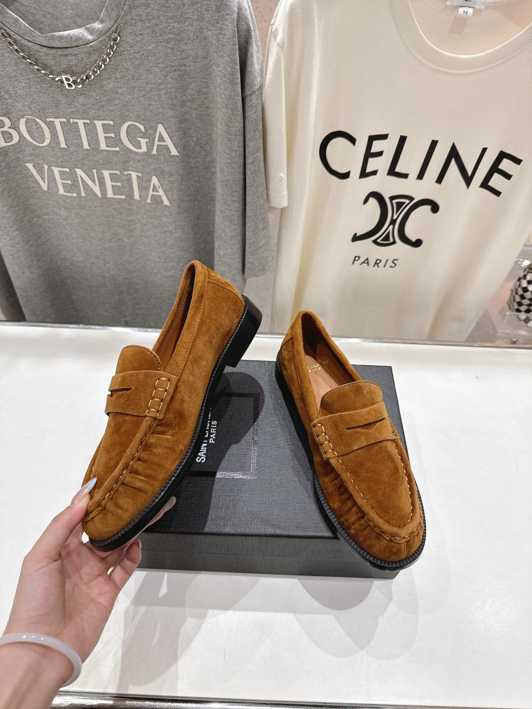 YSL 25S LOAFERS IN COPPER BROWN SUEDE WITH GOLD HARDWARE