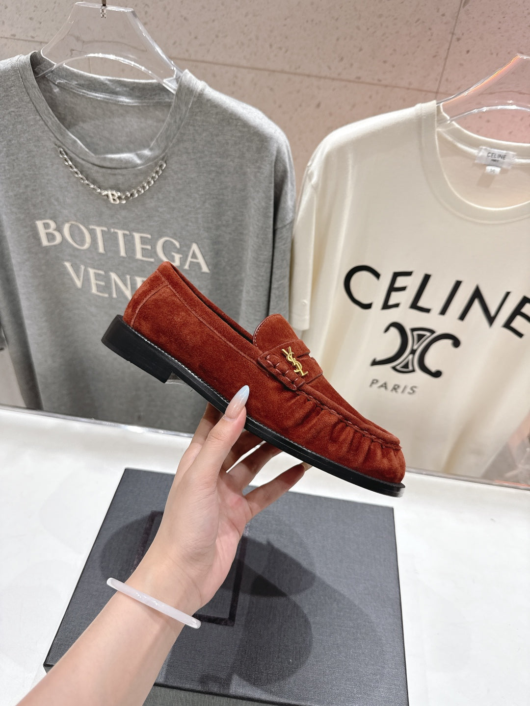 YSL 25S LOAFERS IN RED MAHOGANY SUEDE WITH GOLD HARDWARE