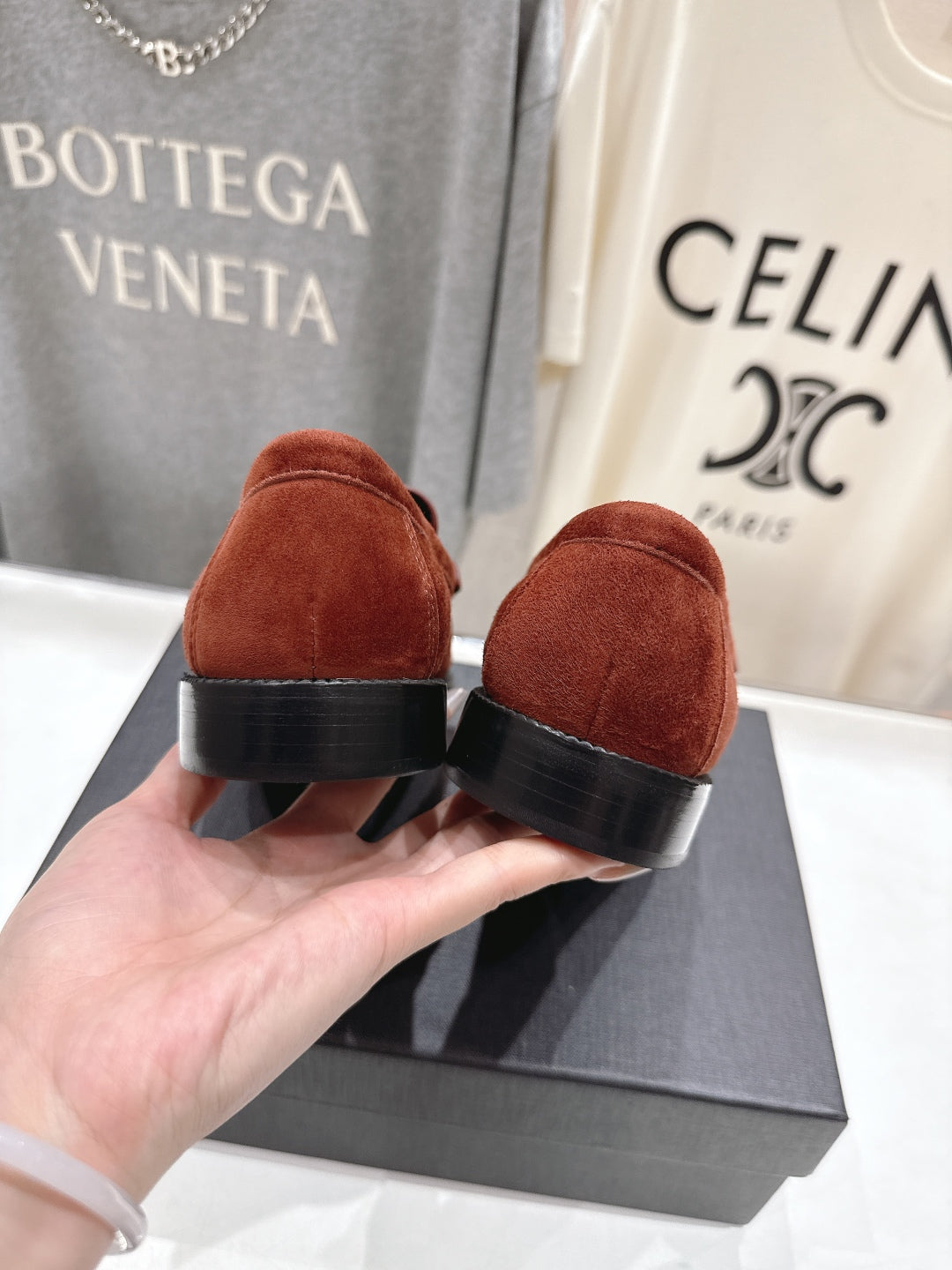 YSL 25S LOAFERS IN RED MAHOGANY SUEDE WITH GOLD HARDWARE