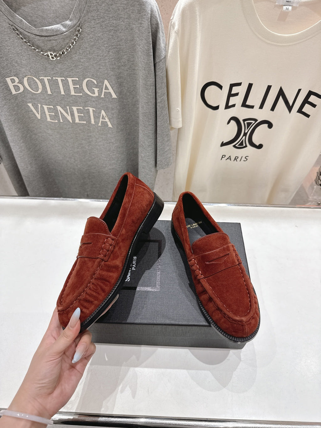 YSL 25S LOAFERS IN RED MAHOGANY SUEDE WITH GOLD HARDWARE