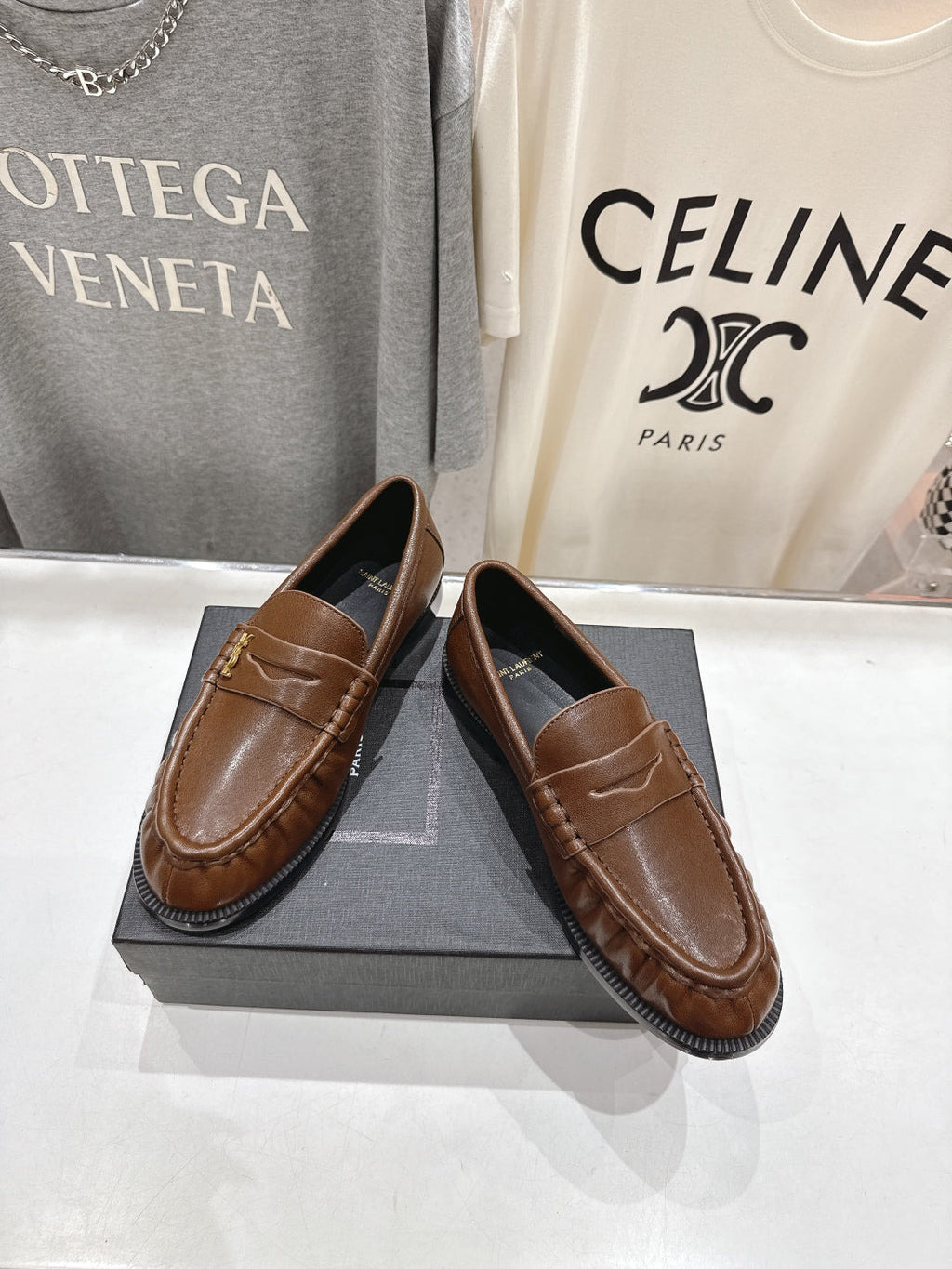 YSL 25S LOAFERS IN COFFEE BROWN LAMBSKIN WITH GOLD HARDWARE