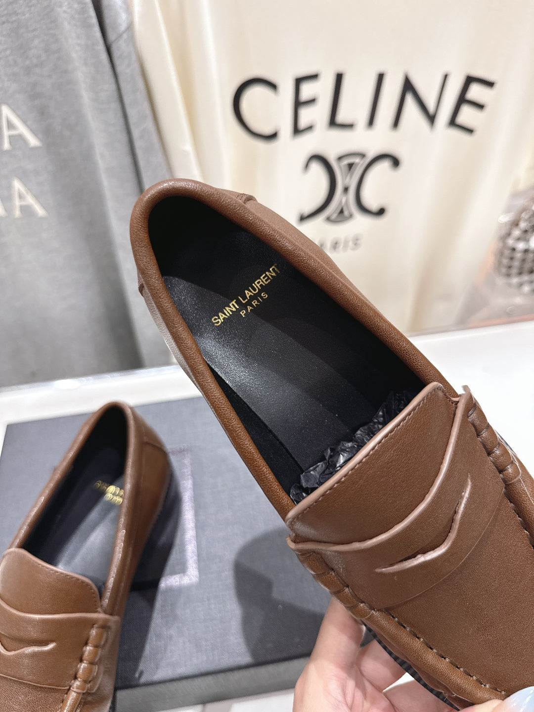 YSL 25S LOAFERS IN COFFEE BROWN LAMBSKIN WITH GOLD HARDWARE