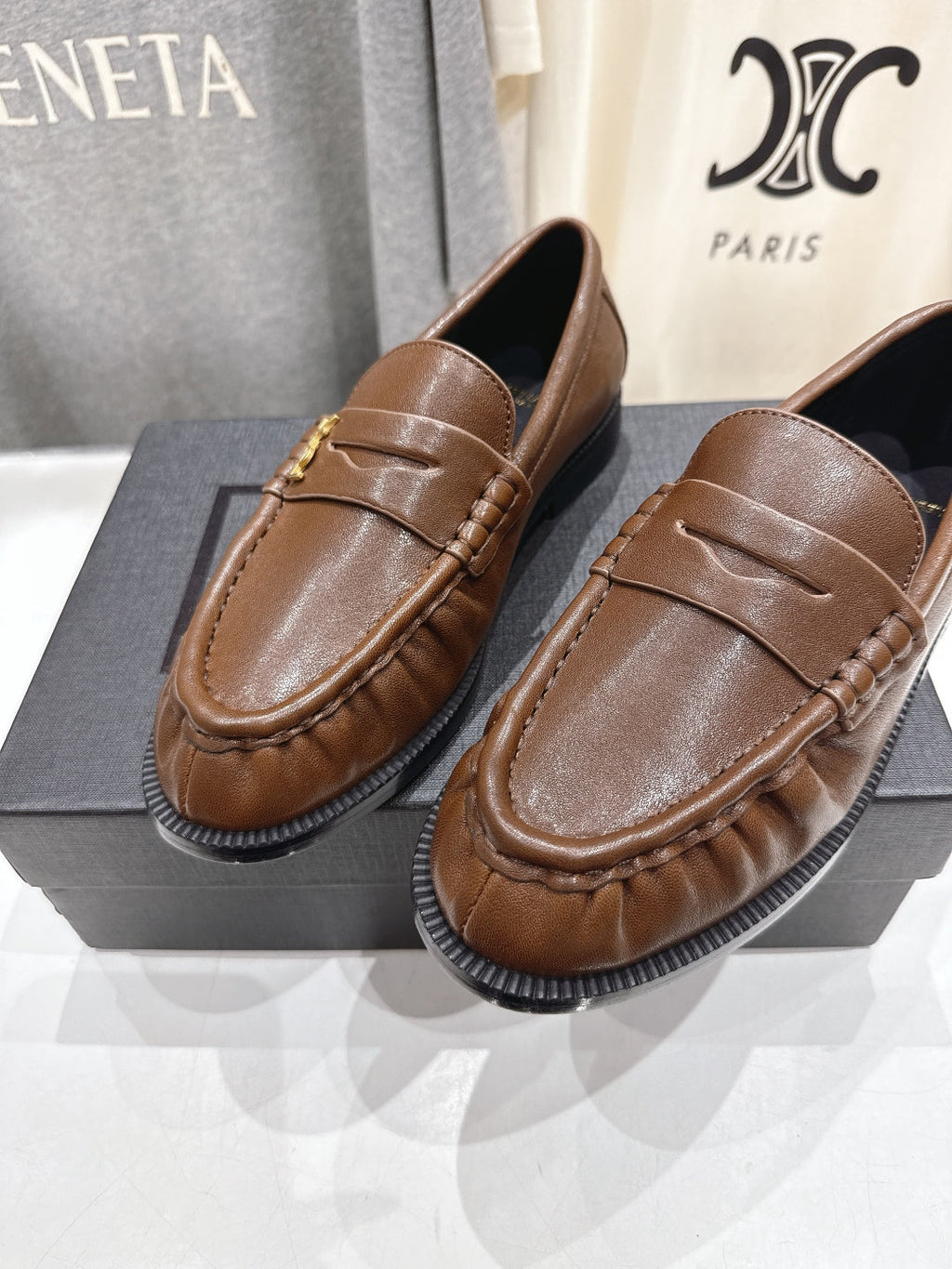 YSL 25S LOAFERS IN COFFEE BROWN LAMBSKIN WITH GOLD HARDWARE