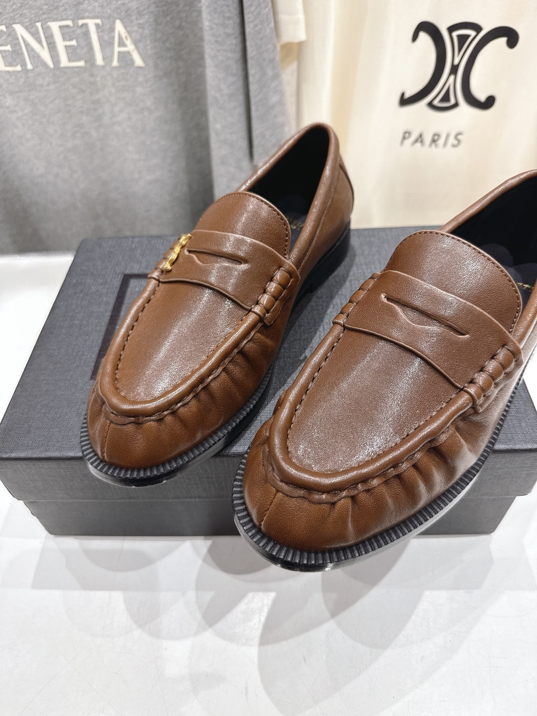 YSL 25S LOAFERS IN COFFEE BROWN LAMBSKIN WITH GOLD HARDWARE
