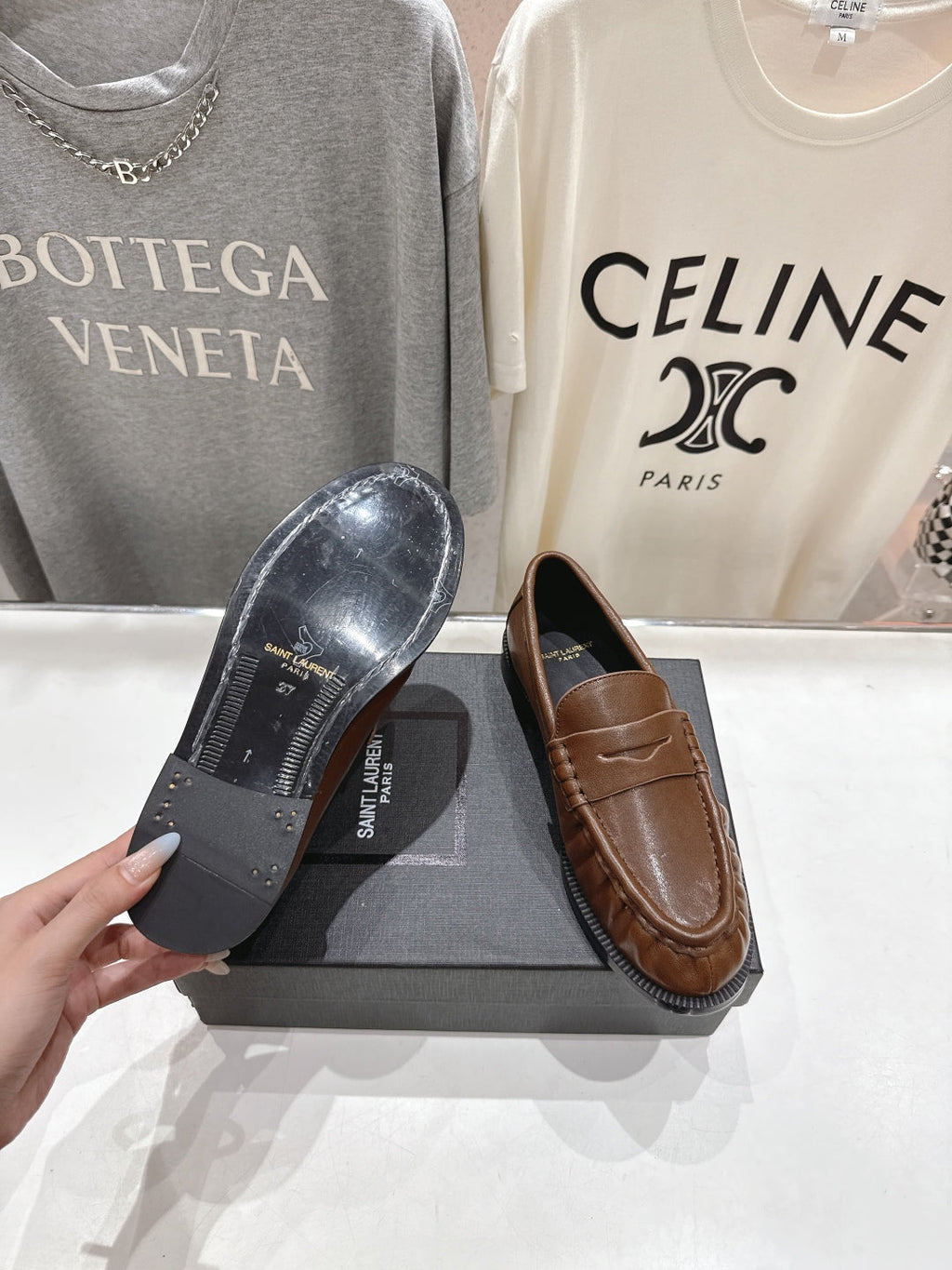 YSL 25S LOAFERS IN COFFEE BROWN LAMBSKIN WITH GOLD HARDWARE