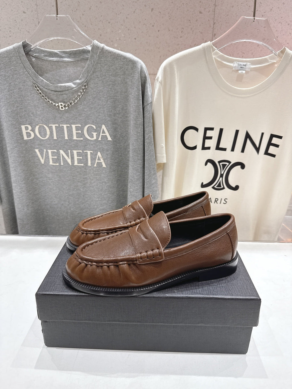 YSL 25S LOAFERS IN COFFEE BROWN LAMBSKIN WITH GOLD HARDWARE