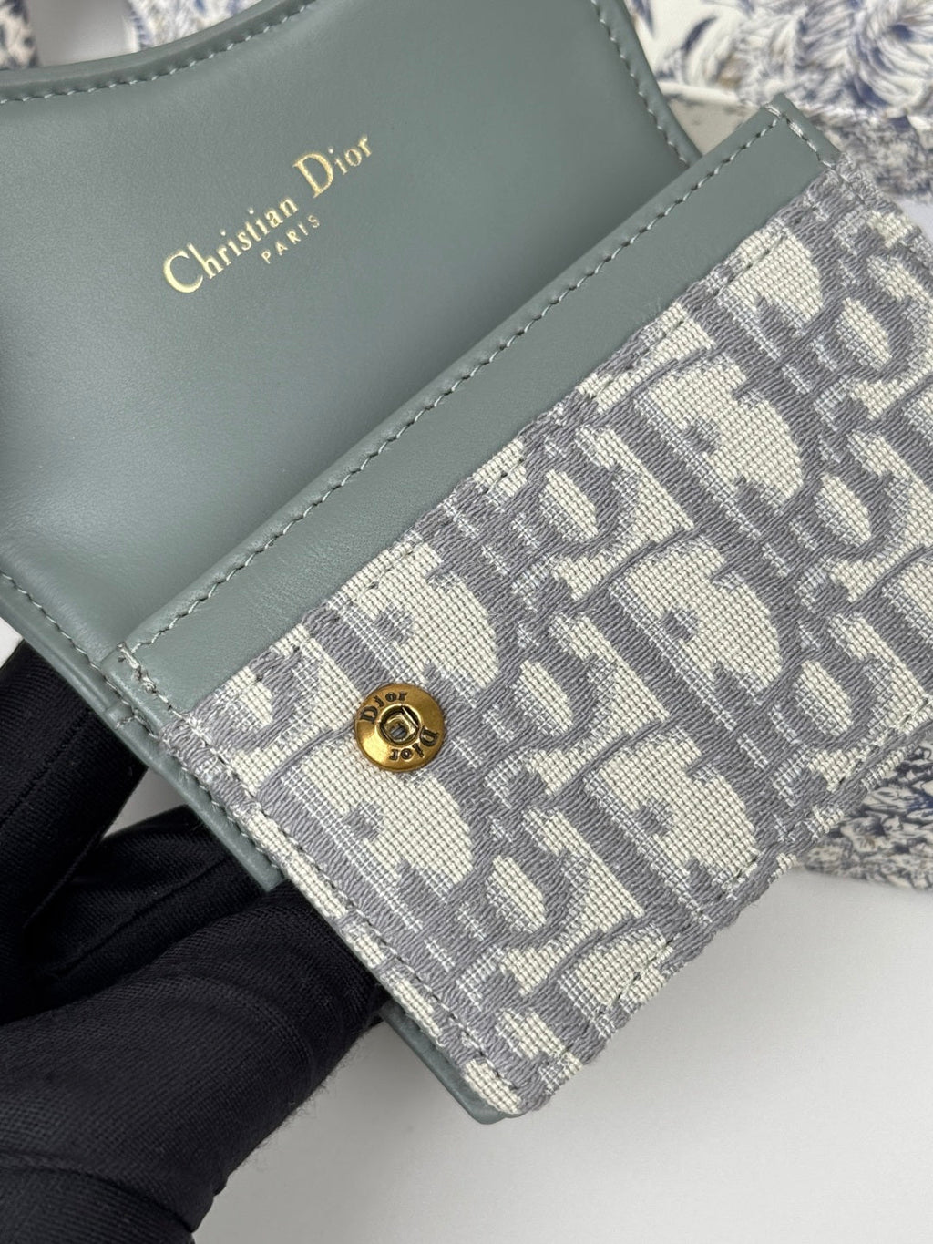 DIOR 25S SADDLE JASMINE GUSSET CARD HOLDER 10 IN GRAY OBLIQUE JACQUARD CANVAS