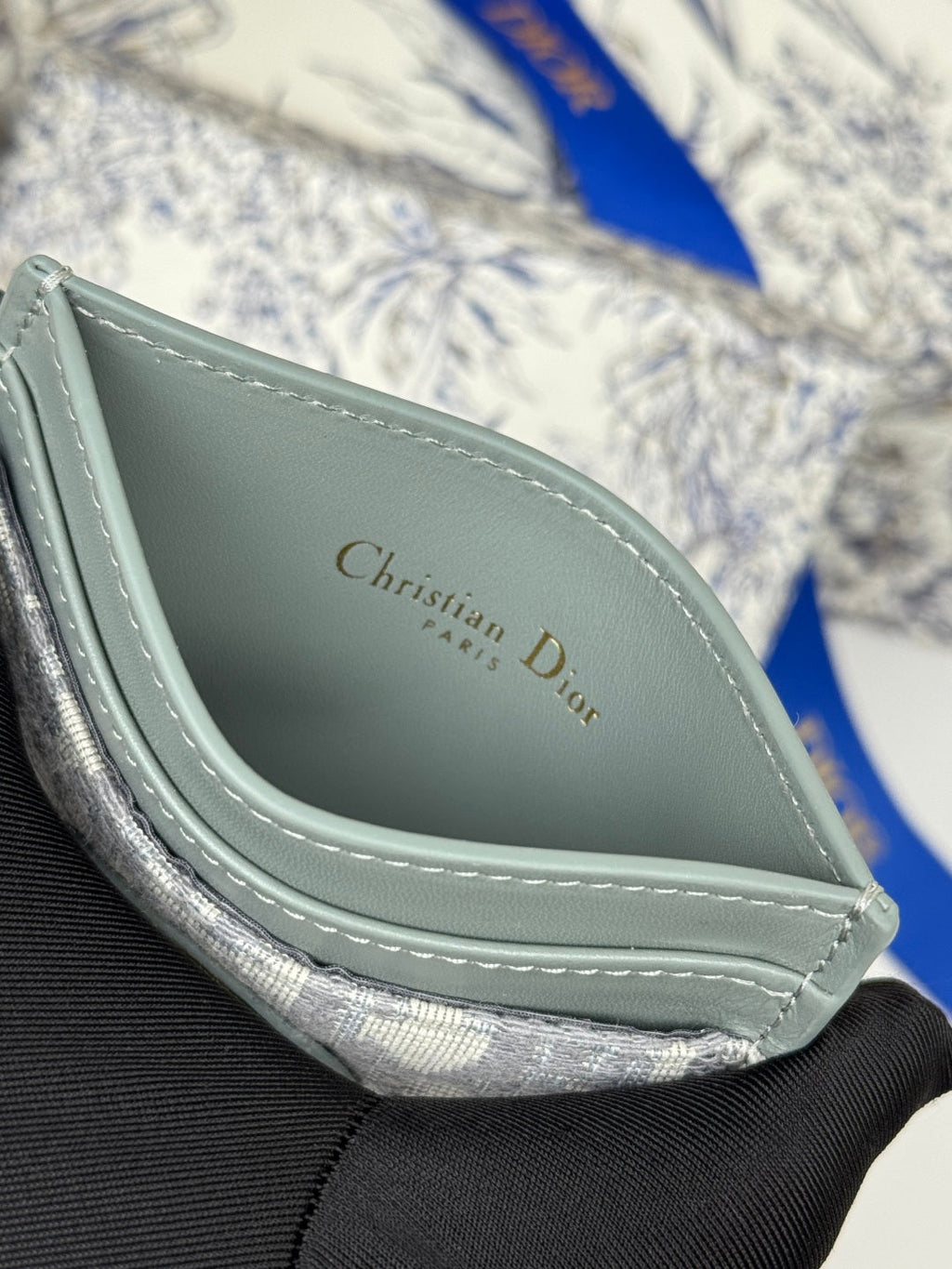 DIOR 25S 30 MONTAIGNE CARD HOLDER 10 IN GRAY GREEN OBLIQUE JACQUARD CANVAS