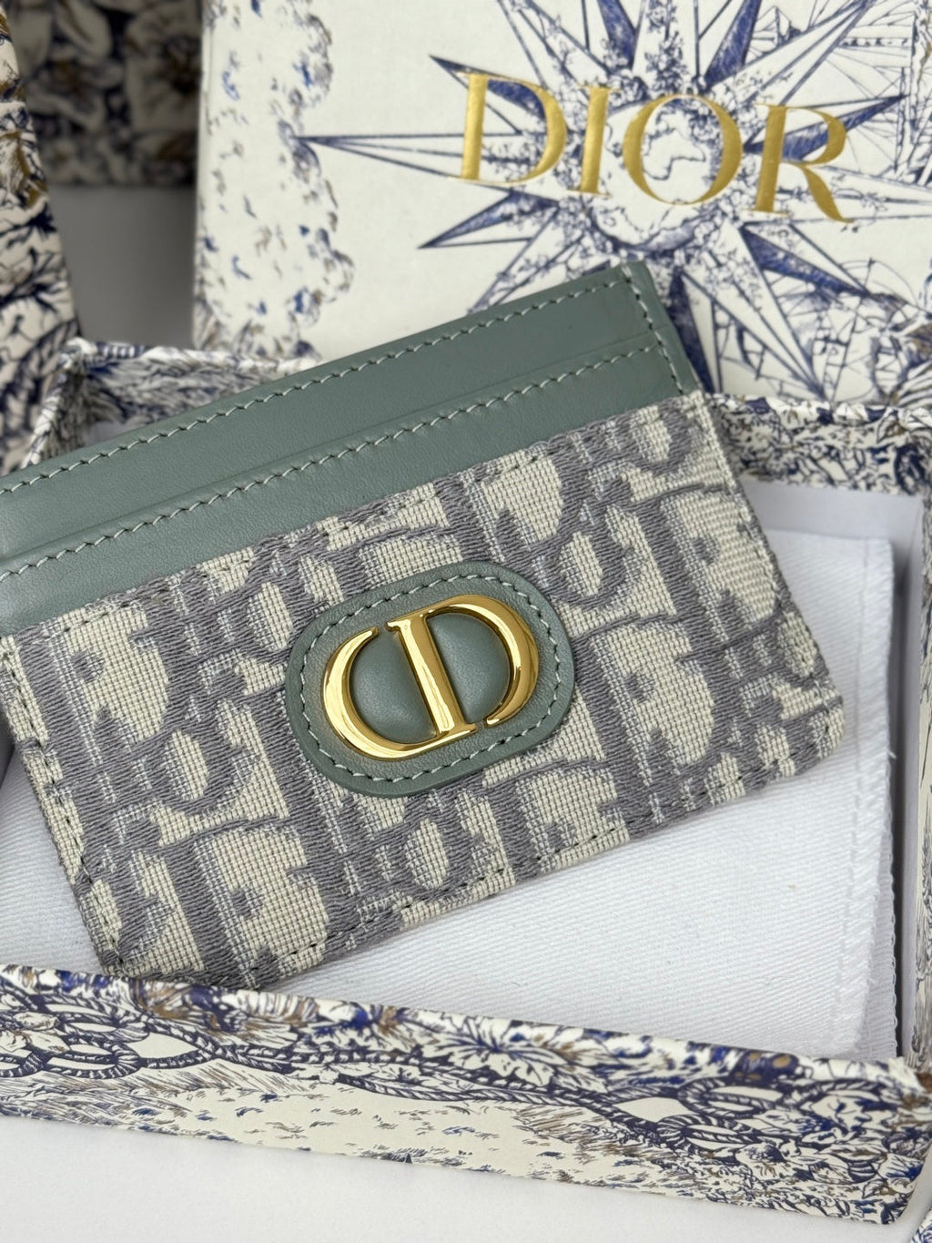 DIOR 25S 30 MONTAIGNE CARD HOLDER 10 IN GRAY GREEN OBLIQUE JACQUARD CANVAS