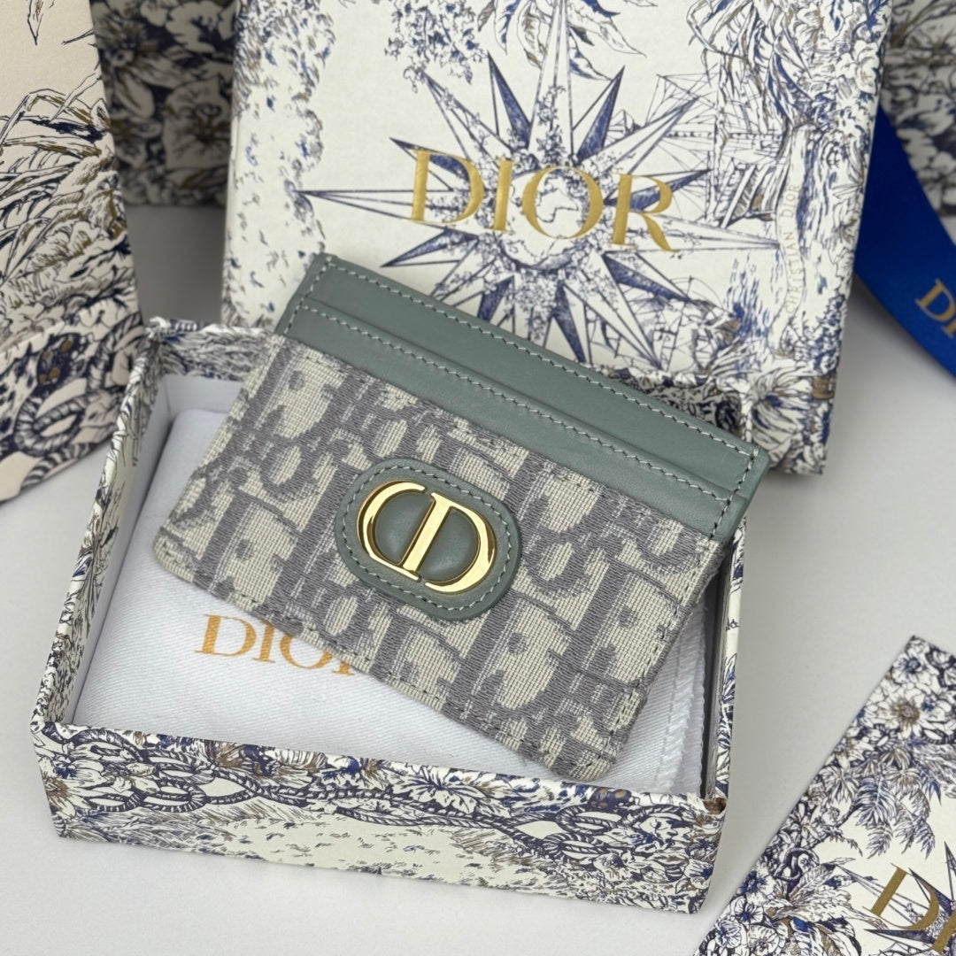 DIOR 25S 30 MONTAIGNE CARD HOLDER 10 IN GRAY GREEN OBLIQUE JACQUARD CANVAS
