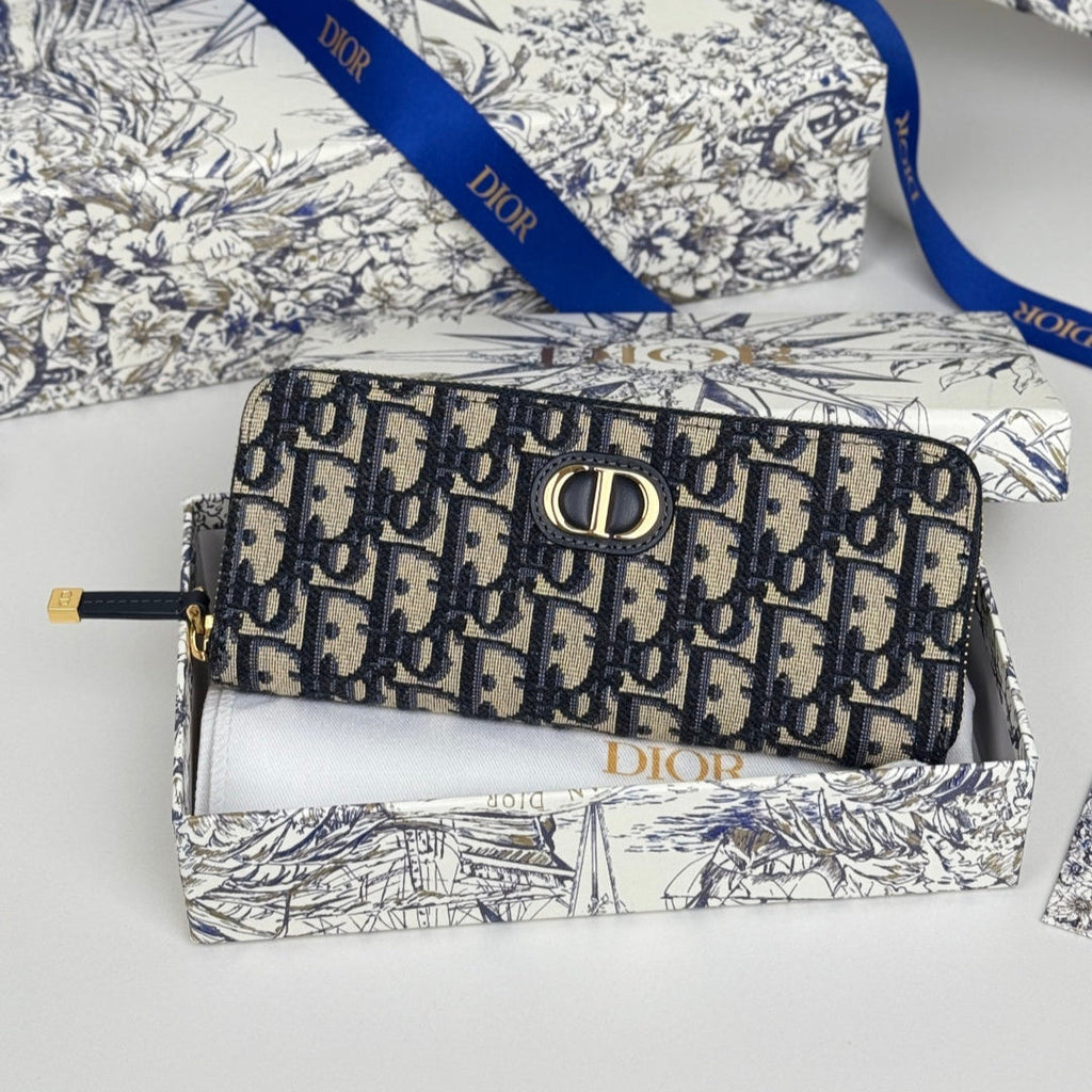 DIOR 25S LONG ZIPPER WALLET 19 IN BLUE OBLIQUE JACQUARD CANVAS