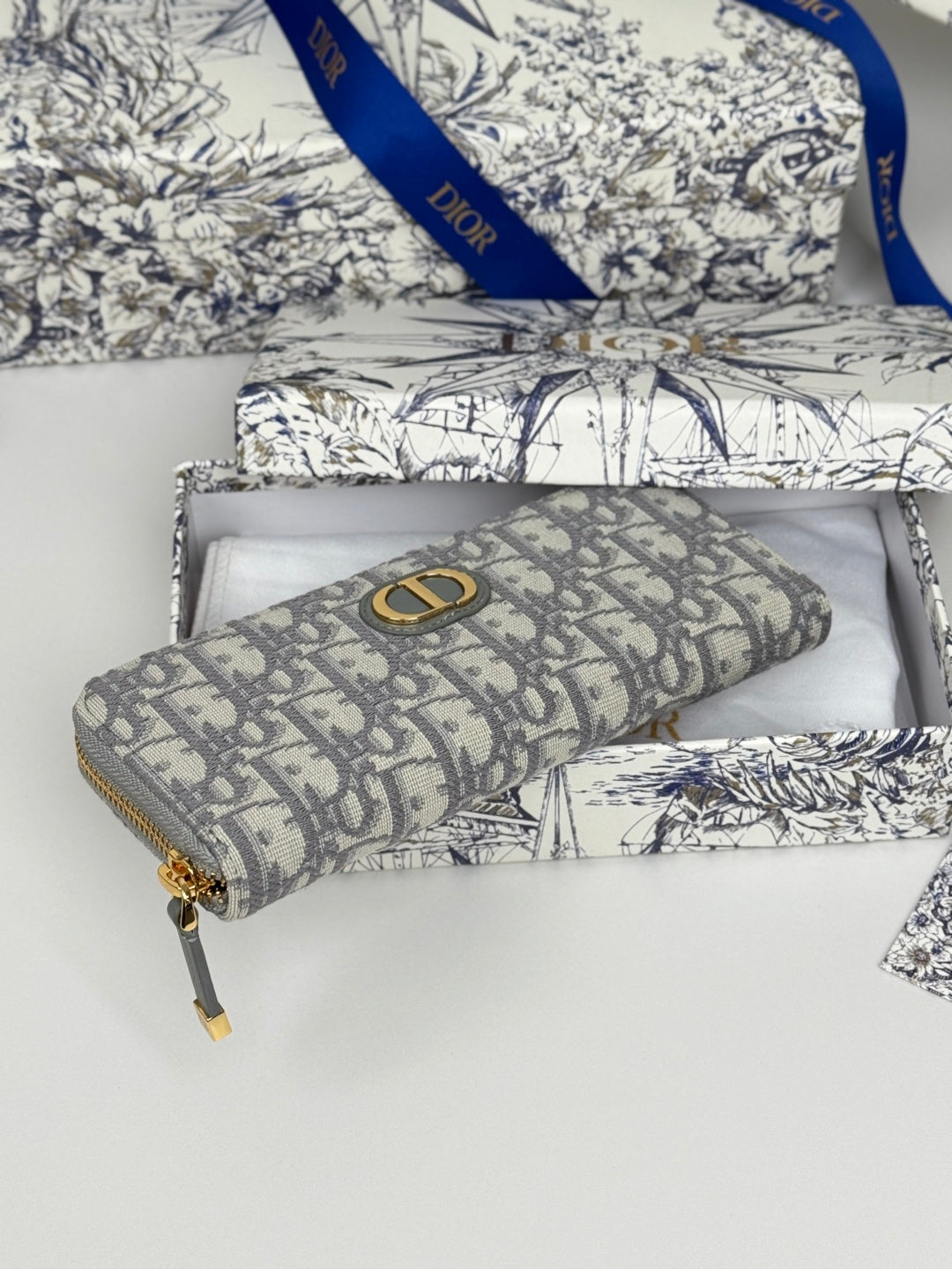 DIOR 25S LONG ZIPPER WALLET 19 IN GRAY OBLIQUE JACQUARD CANVAS