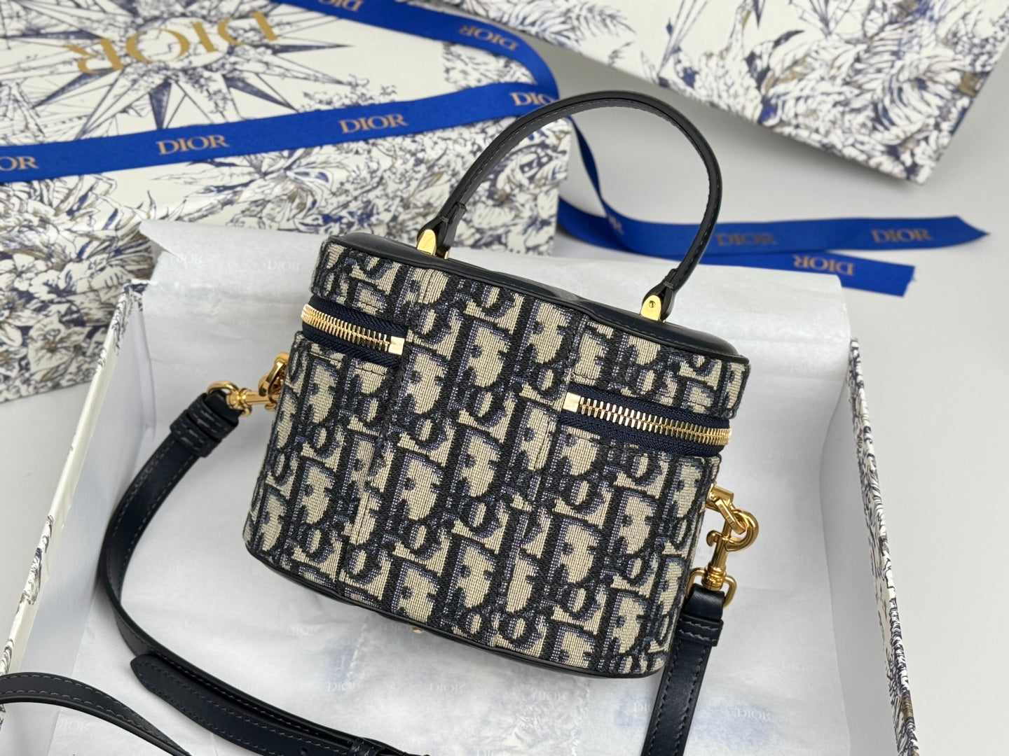 DIOR 25S CD SIGNATURE VANITY 16 IN BLUE DIOR OBLIQUE JACQUARD CANVAS