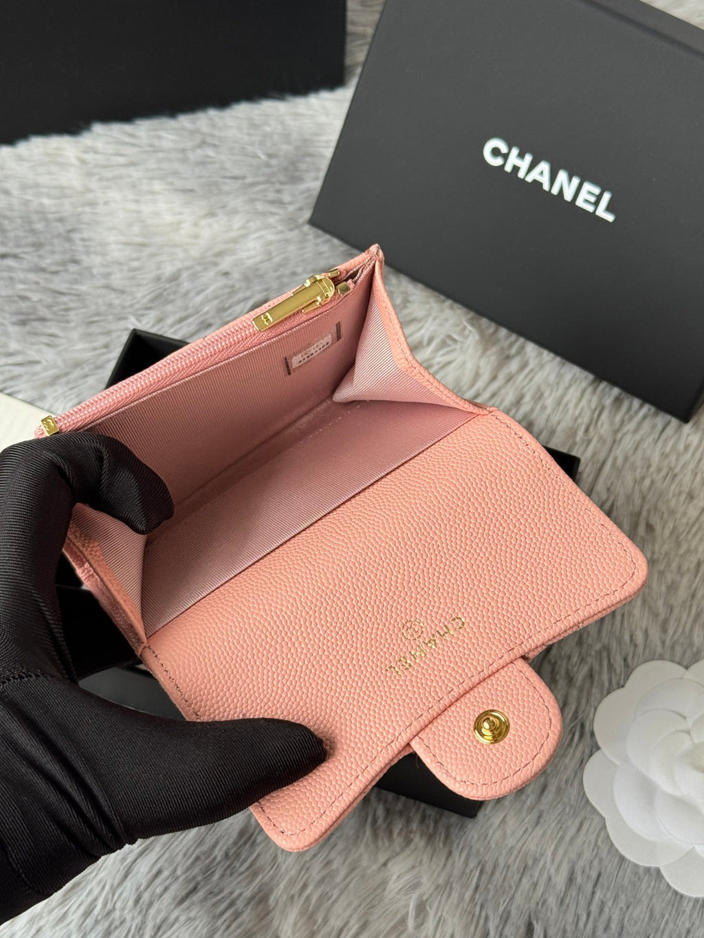 CHANEL 25S CLASSIC FLAP CARD HOLDER 11 IN PEACH PINK CAVIAR GOLD HARDWARE