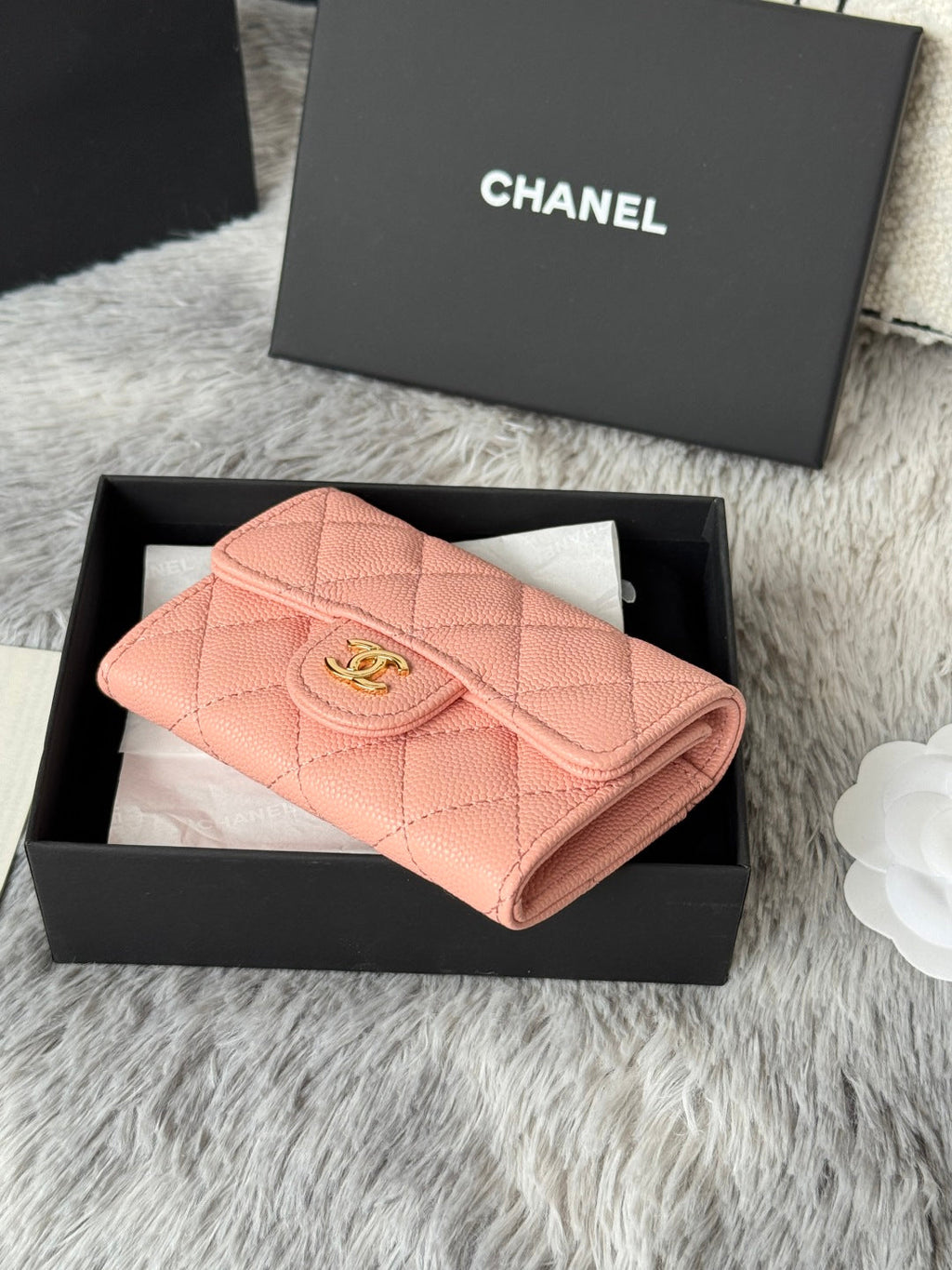 CHANEL 25S CLASSIC FLAP CARD HOLDER 11 IN PEACH PINK CAVIAR GOLD HARDWARE