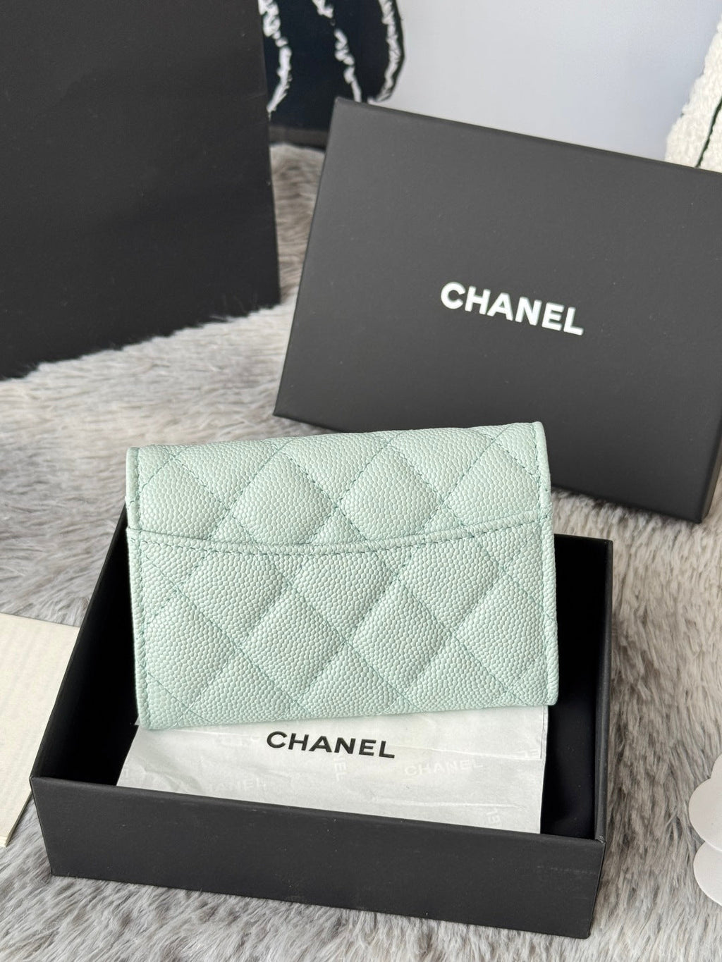CHANEL 25S CLASSIC FLAP CARD HOLDER 11 IN SOFT MINT CAVIAR GOLD HARDWARE