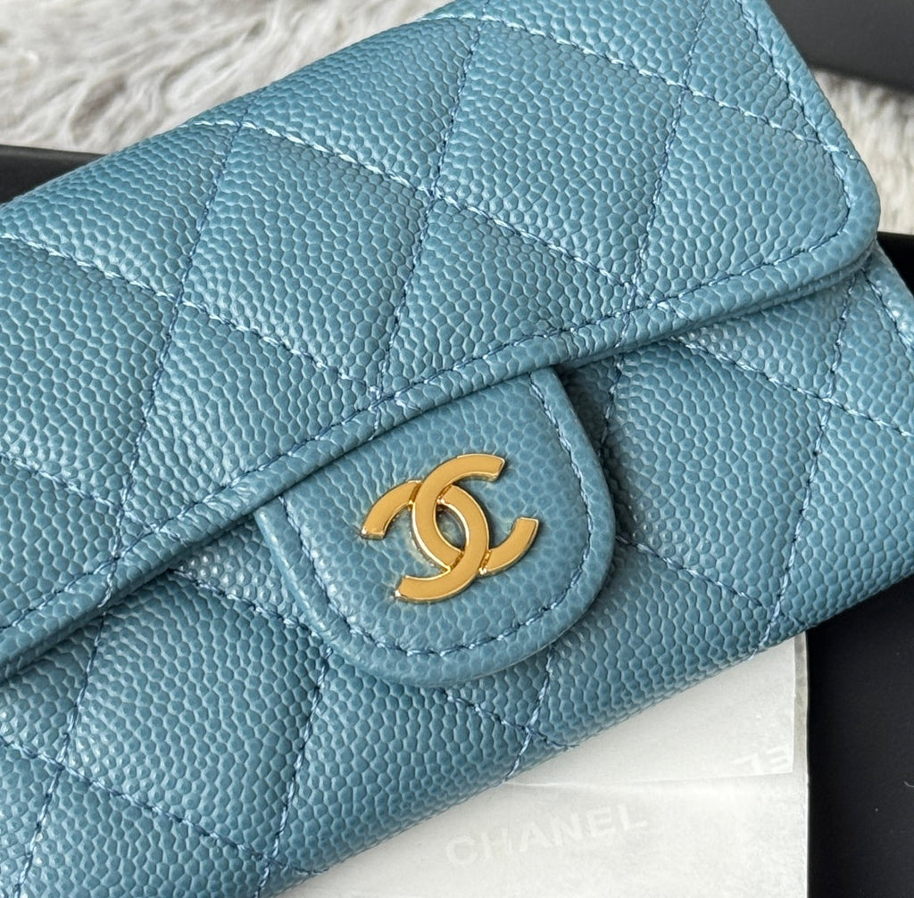CHANEL 25S CLASSIC FLAP CARD HOLDER 11 IN SLATE BLUE CAVIAR GOLD HARDWARE