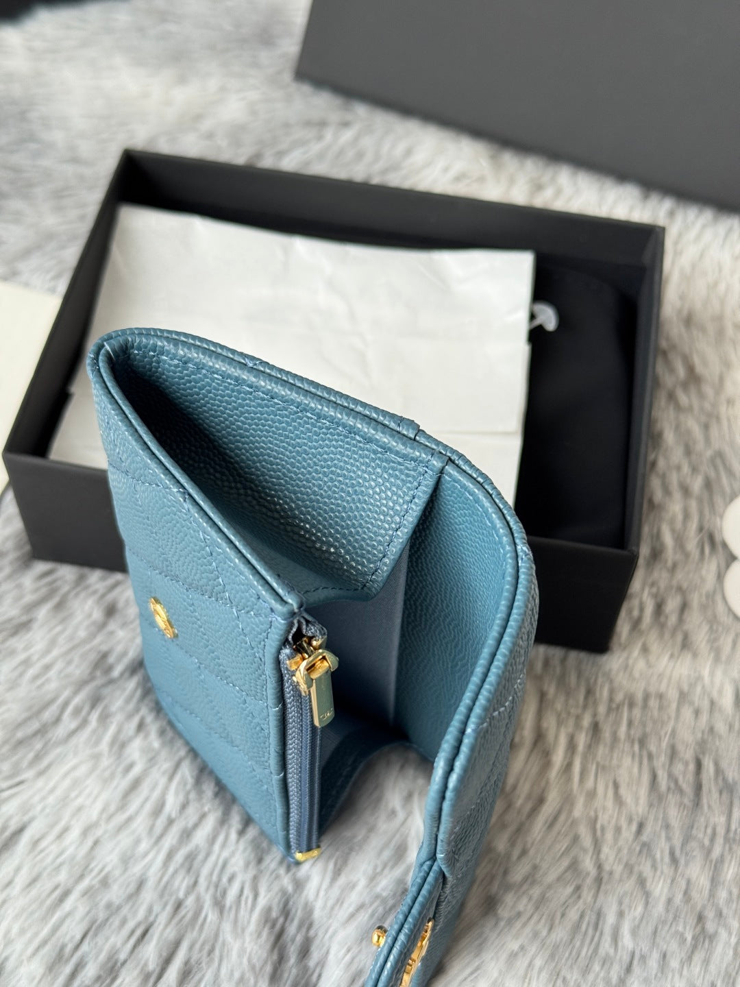 CHANEL 25S CLASSIC FLAP CARD HOLDER 11 IN SLATE BLUE CAVIAR GOLD HARDWARE