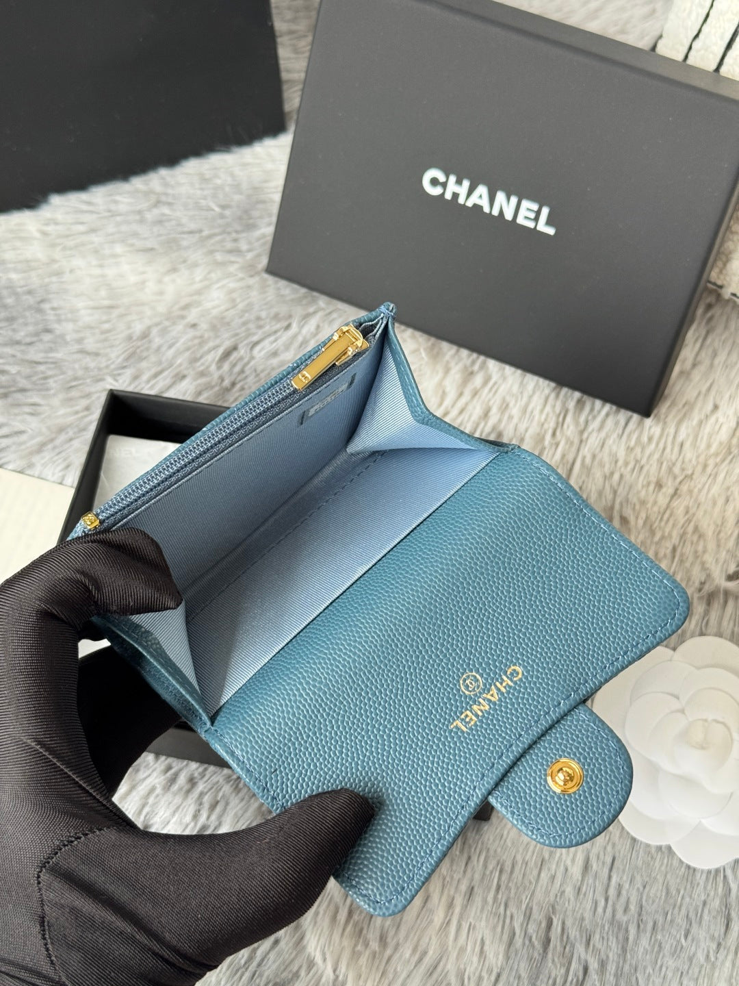CHANEL 25S CLASSIC FLAP CARD HOLDER 11 IN SLATE BLUE CAVIAR GOLD HARDWARE