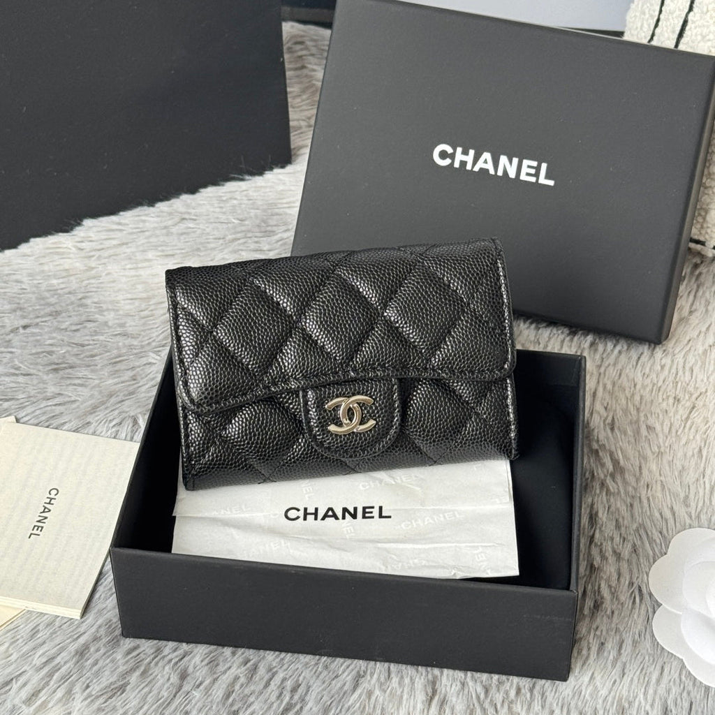 CHANEL 25S CLASSIC FLAP CARD HOLDER 11 IN BLACK CAVIAR SILVER HARDWARE