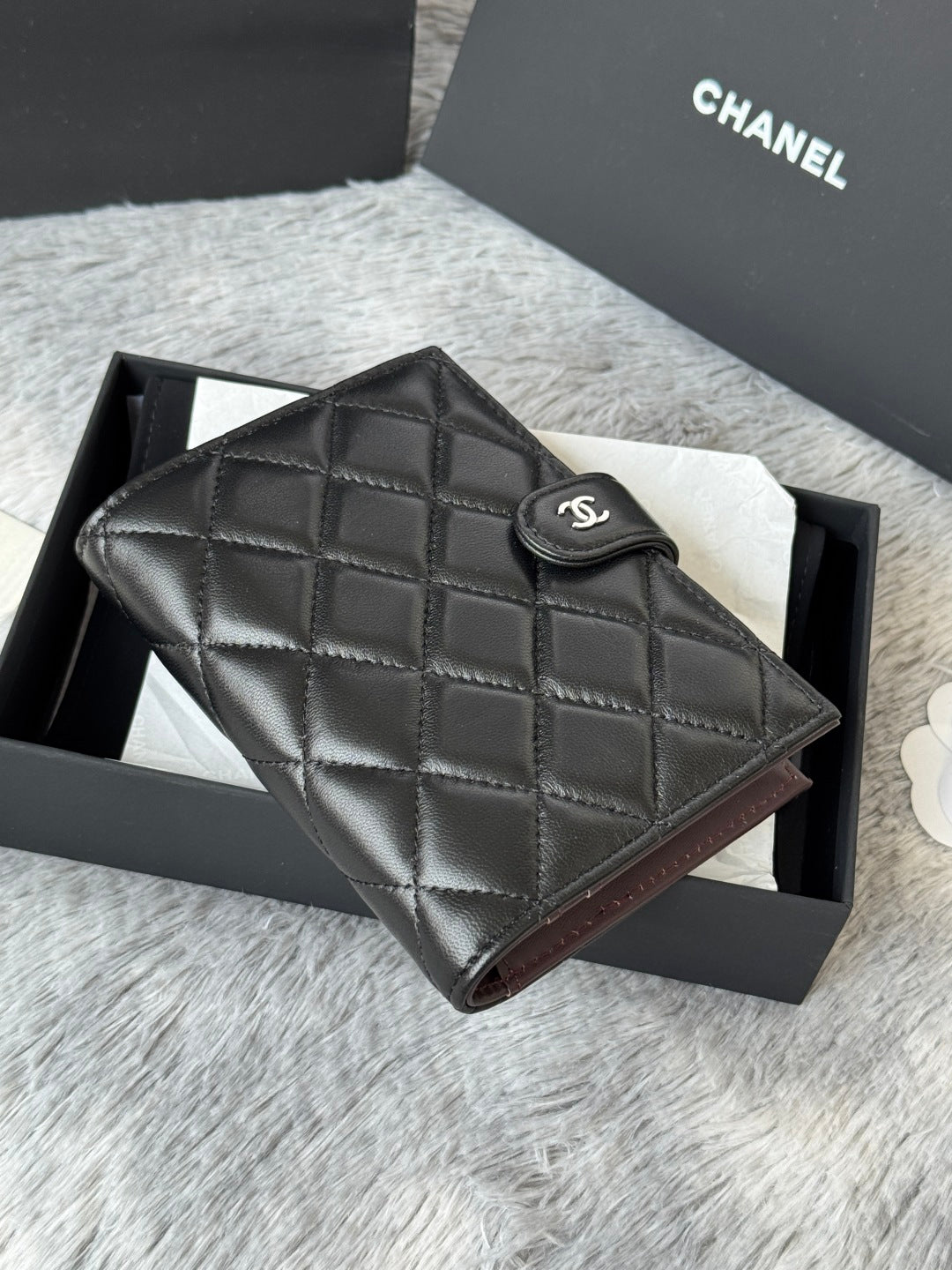 CHANEL 25S MULTI PURPOSE PASSPORT WALLET 15 IN BLACK LAMBSKIN SILVER HARDWARE