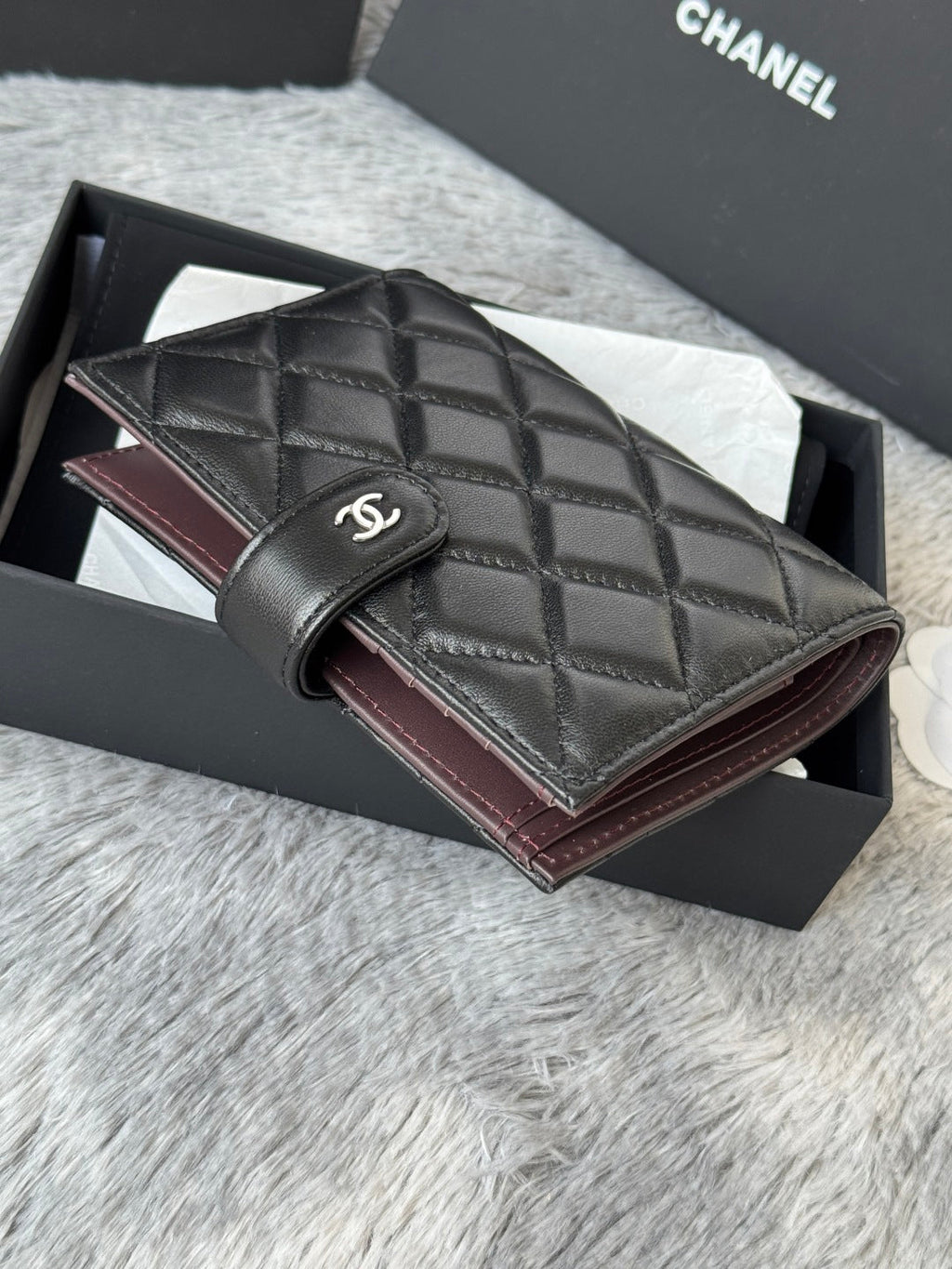 CHANEL 25S MULTI PURPOSE PASSPORT WALLET 15 IN BLACK LAMBSKIN SILVER HARDWARE