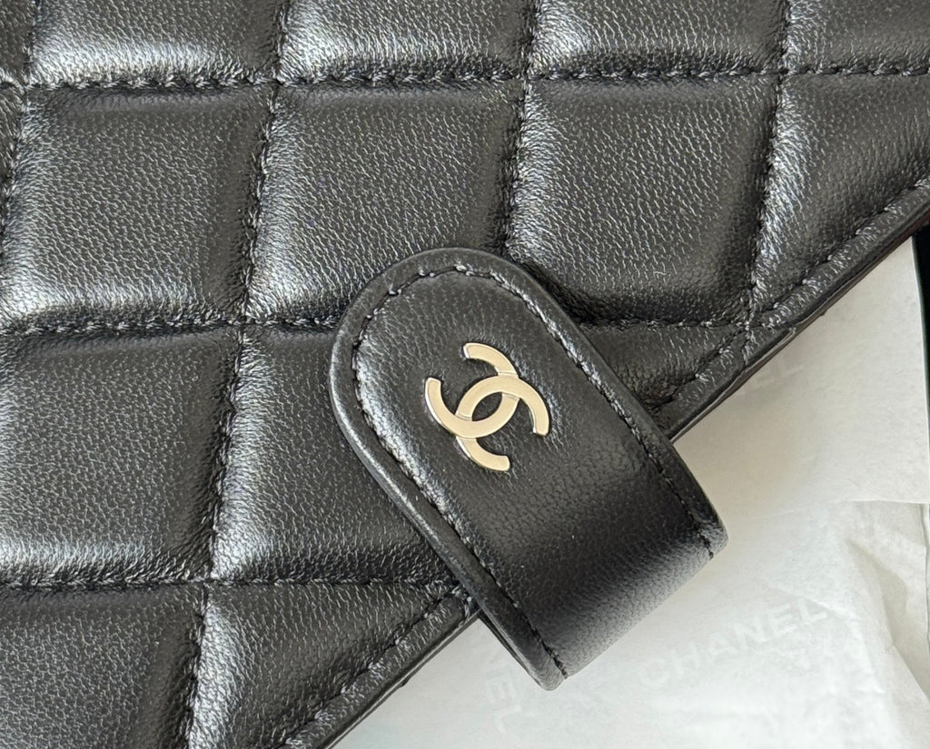 CHANEL 25S MULTI PURPOSE PASSPORT WALLET 15 IN BLACK LAMBSKIN SILVER HARDWARE