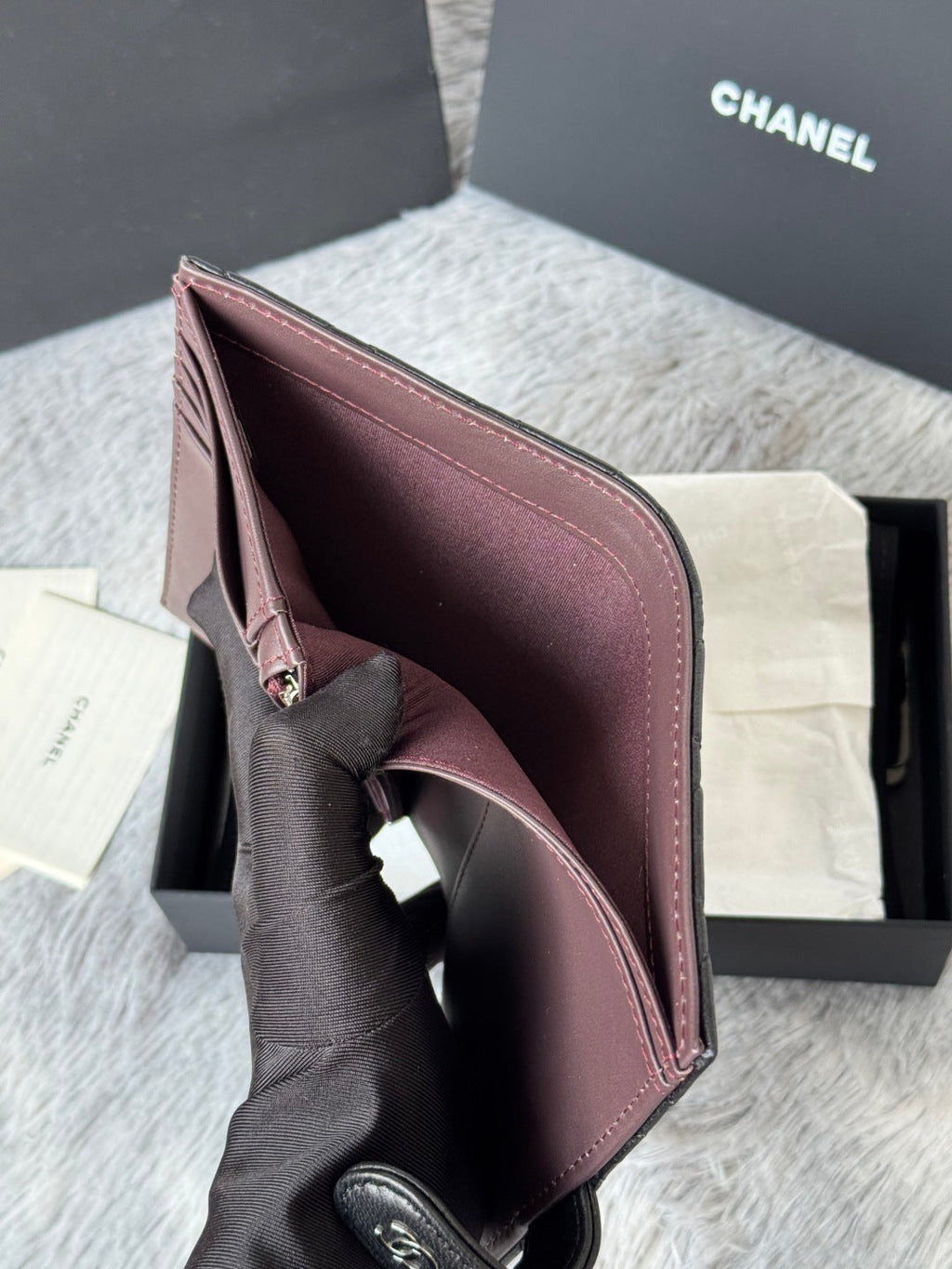 CHANEL 25S MULTI PURPOSE PASSPORT WALLET 15 IN BLACK LAMBSKIN SILVER HARDWARE