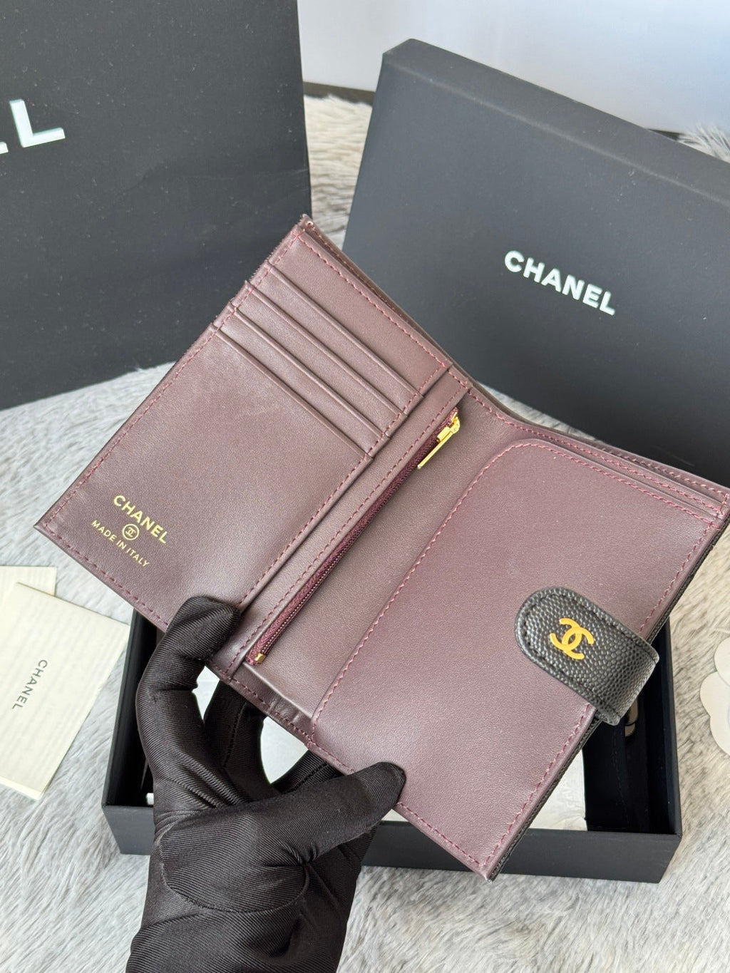 CHANEL 25S MULTI PURPOSE PASSPORT WALLET 15 IN BLACK CALFSKIN GOLD HARDWARE