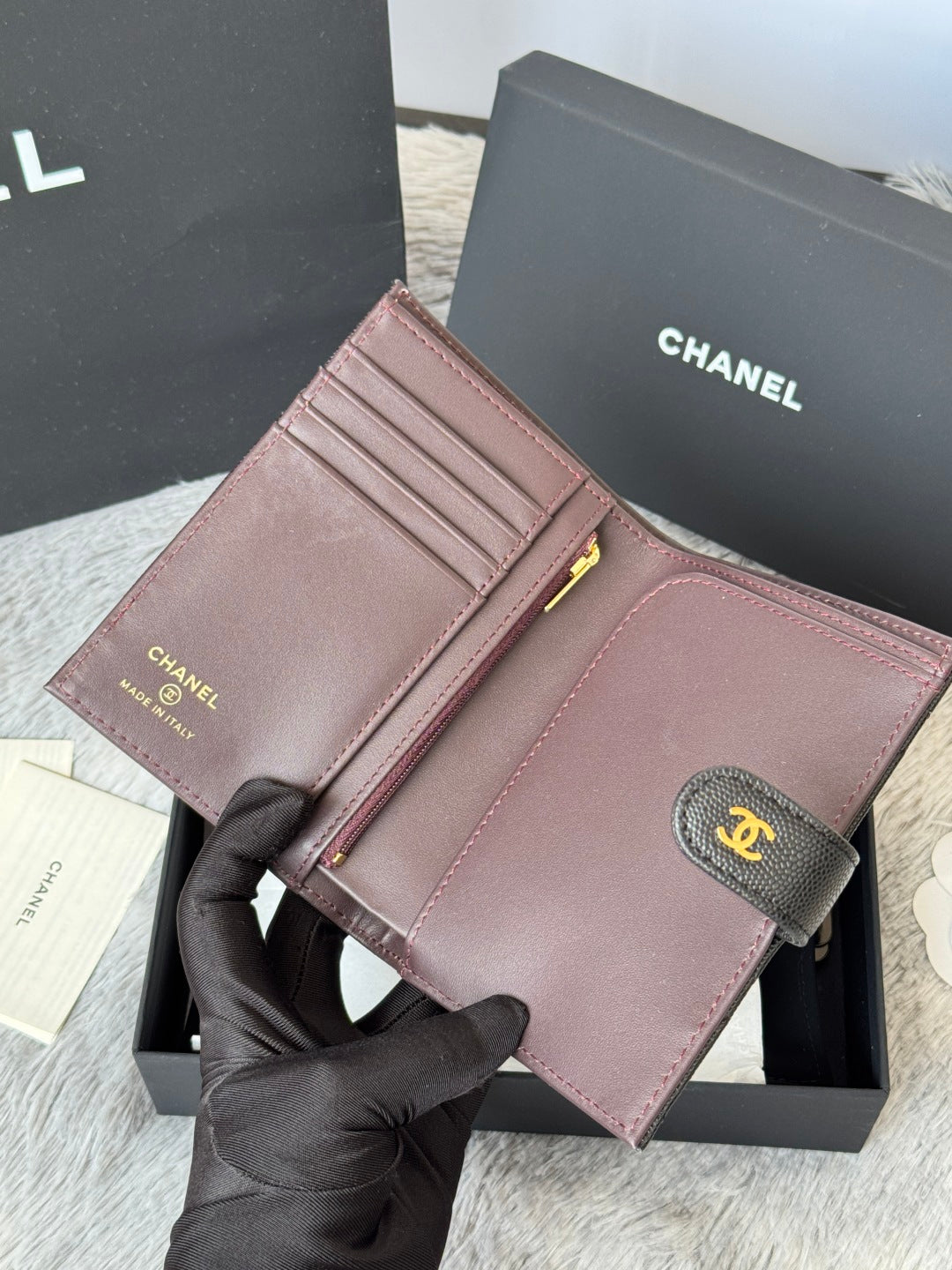 CHANEL 25S MULTI PURPOSE PASSPORT WALLET 15 IN BLACK CALFSKIN GOLD HARDWARE