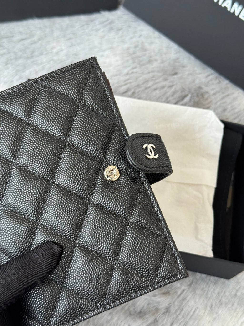 CHANEL 25S MULTI PURPOSE PASSPORT WALLET 15 IN BLACK CALFSKIN SILVER HARDWARE