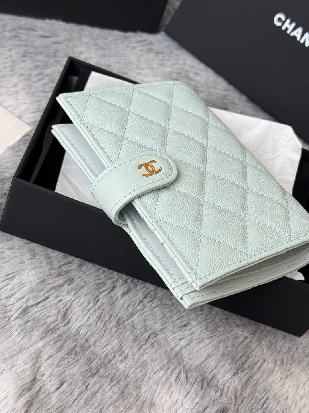 CHANEL 25S MULTI PURPOSE PASSPORT WALLET 15 IN SOFT MINT CALFSKIN GOLD HARDWARE
