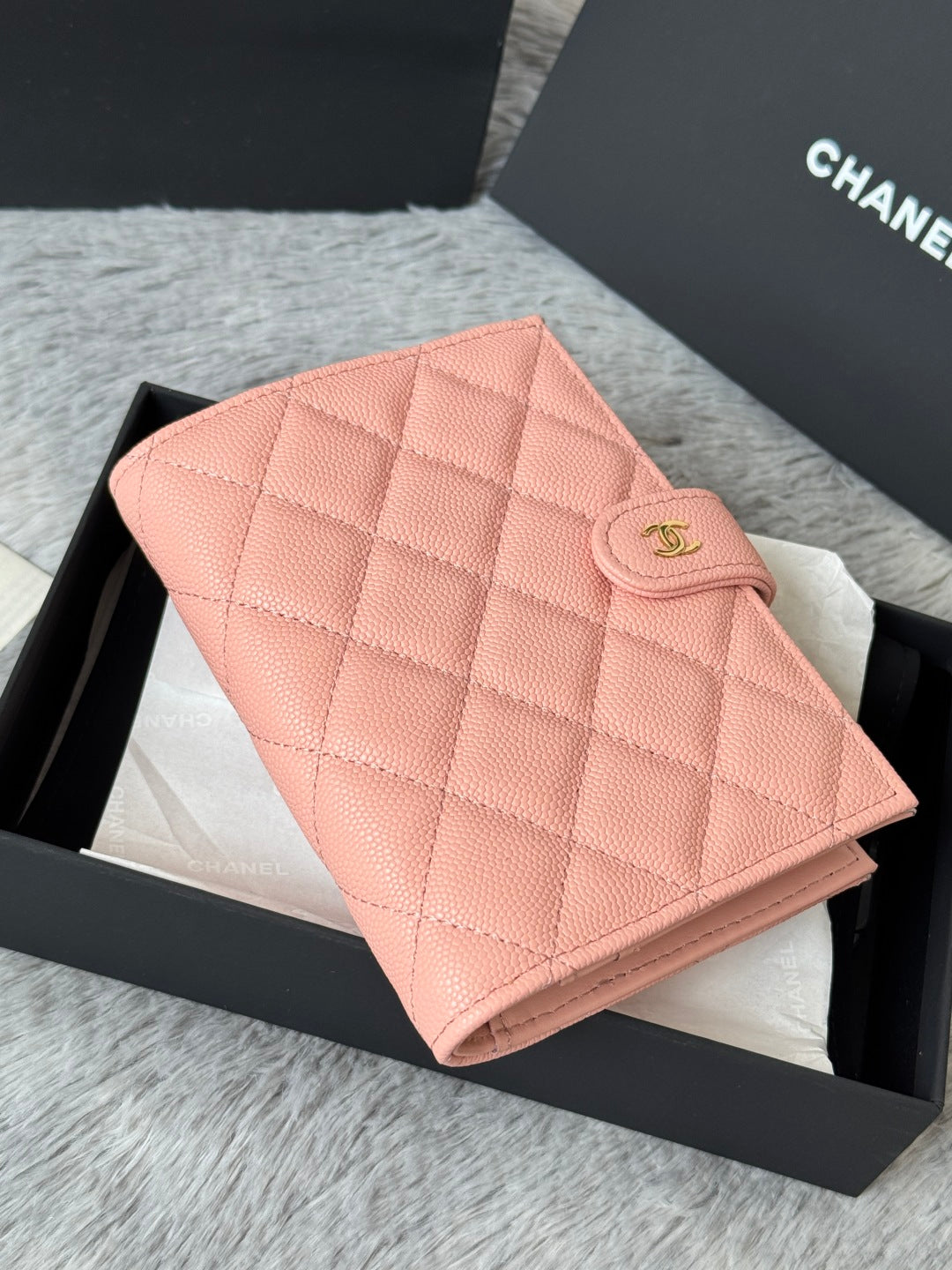 CHANEL 25S MULTI PURPOSE PASSPORT WALLET 15 IN PEACH PINK CALFSKIN GOLD HARDWARE