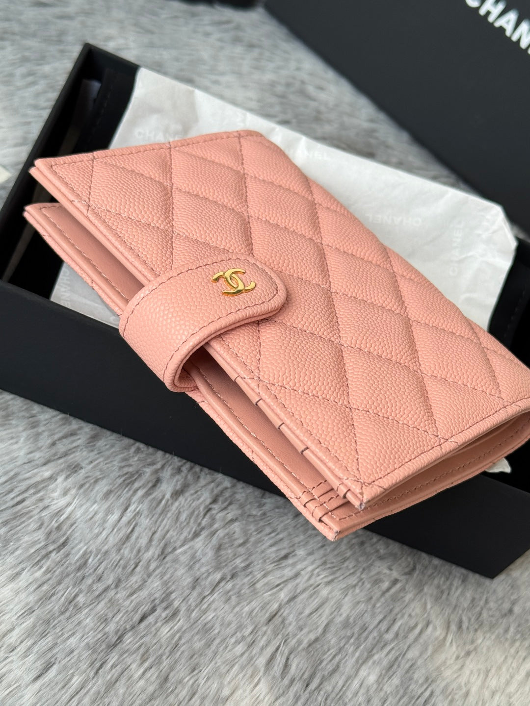 CHANEL 25S MULTI PURPOSE PASSPORT WALLET 15 IN PEACH PINK CALFSKIN GOLD HARDWARE