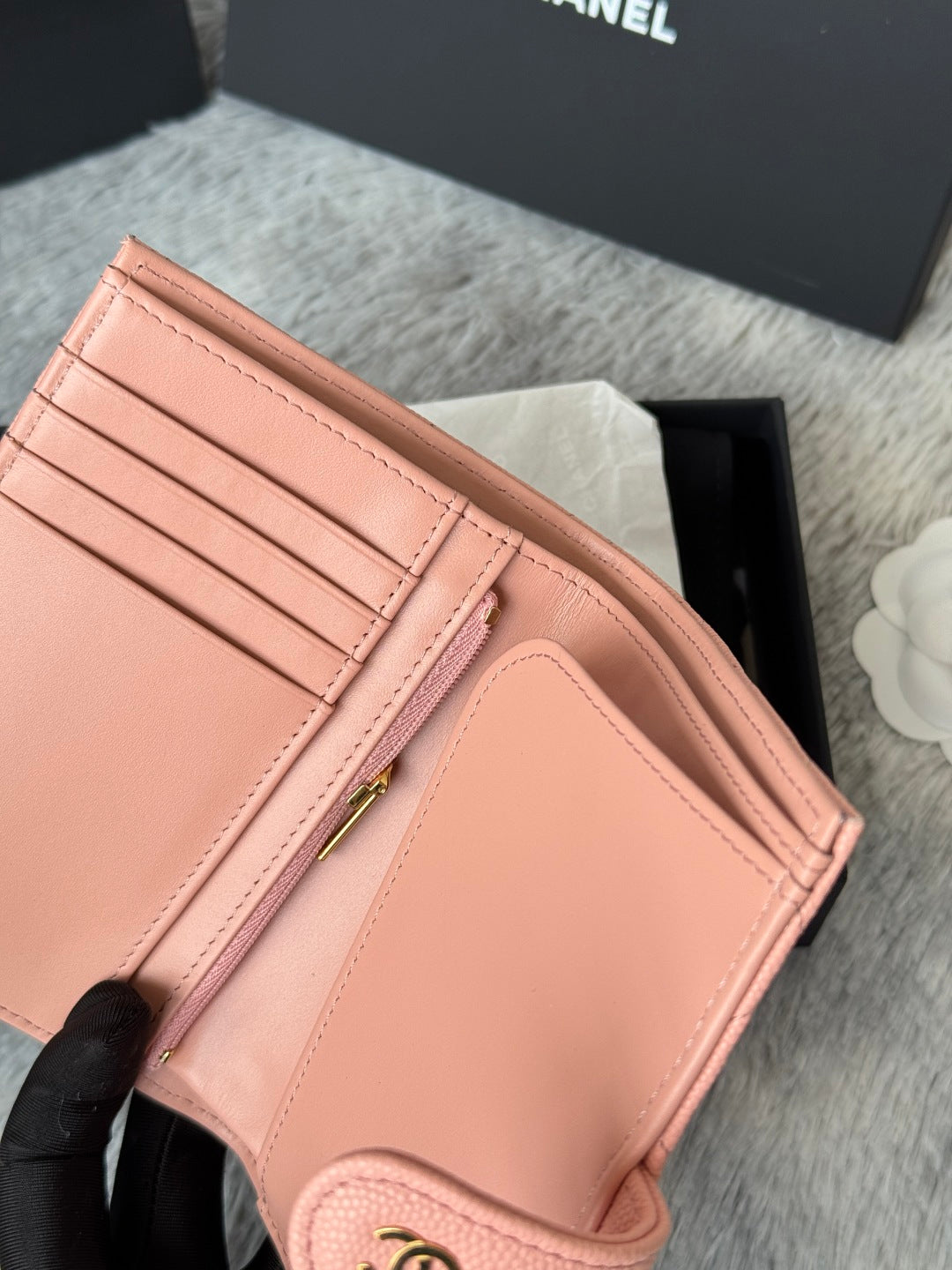 CHANEL 25S MULTI PURPOSE PASSPORT WALLET 15 IN PEACH PINK CALFSKIN GOLD HARDWARE