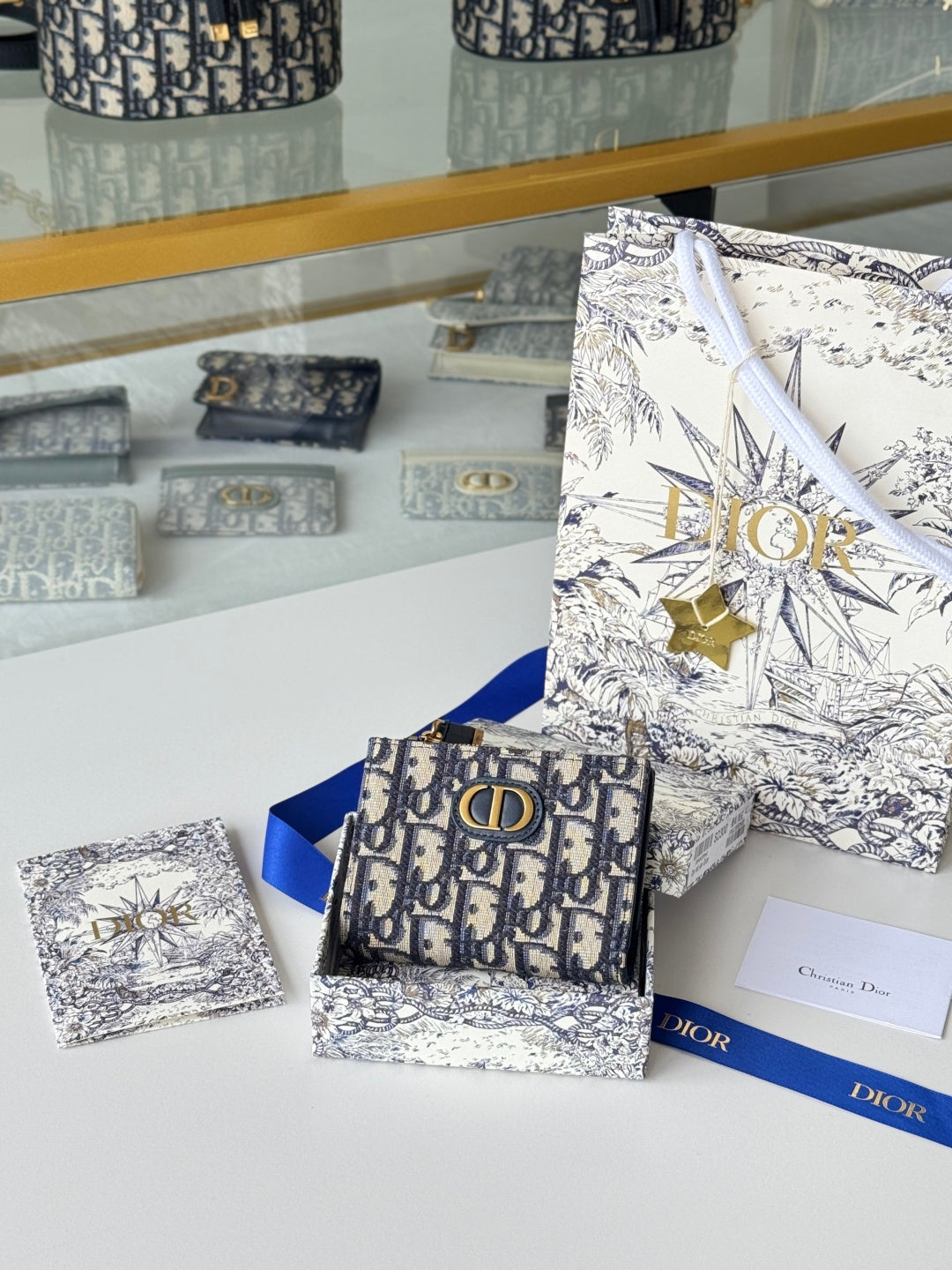 DIOR 25S 30 MONTAIGNE DAHLIA WALLET 11 IN BLUE DIOR OBLIQUE JACQUARD