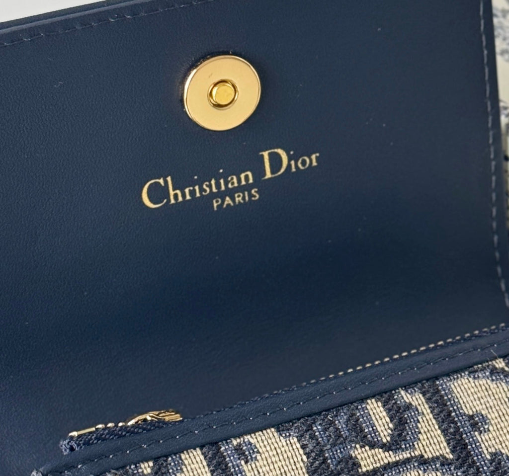 DIOR 25S CARO CARD HOLDER 11 IN BLUE CALFSKIN AND CANVAS GOLD HARDWARE