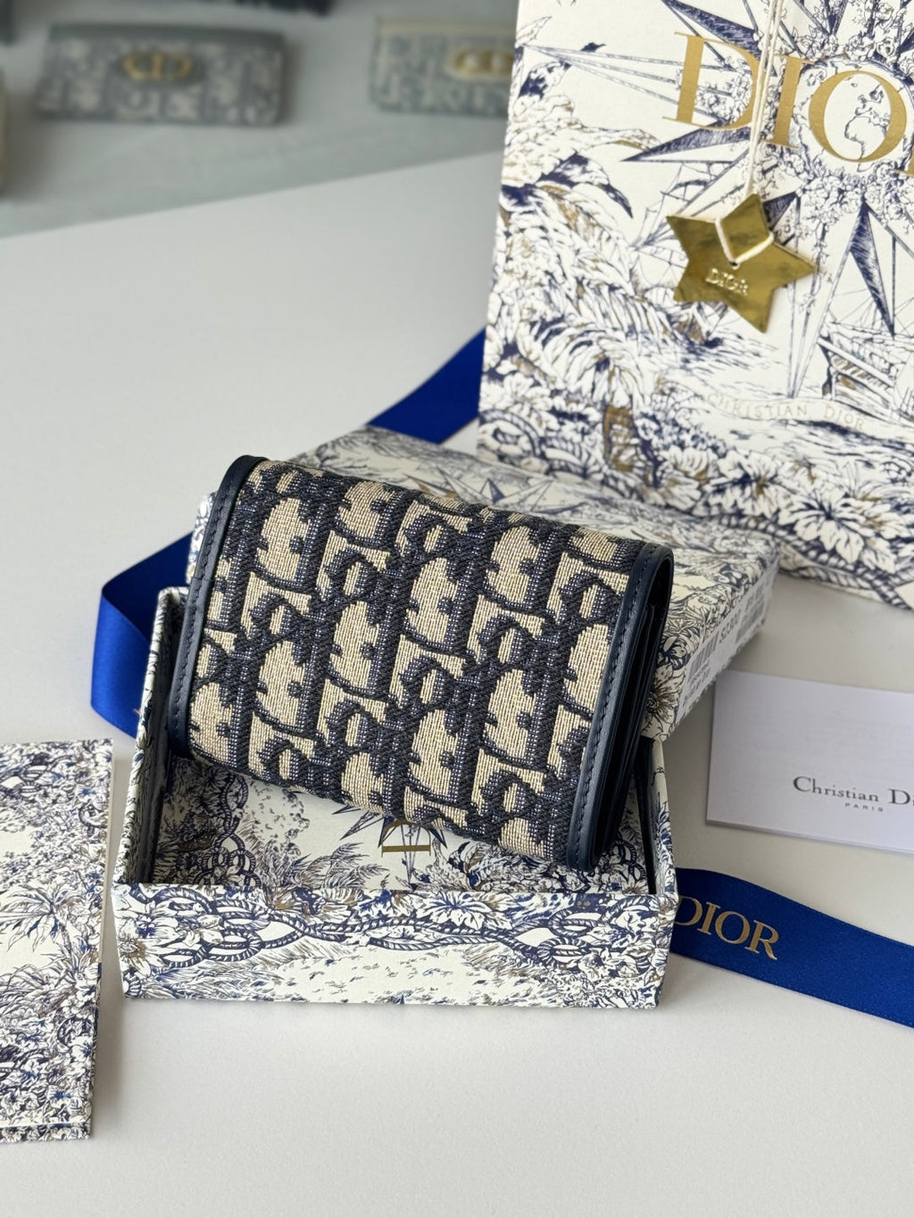 DIOR 25S CARO CARD HOLDER 11 IN BLUE CALFSKIN AND CANVAS GOLD HARDWARE