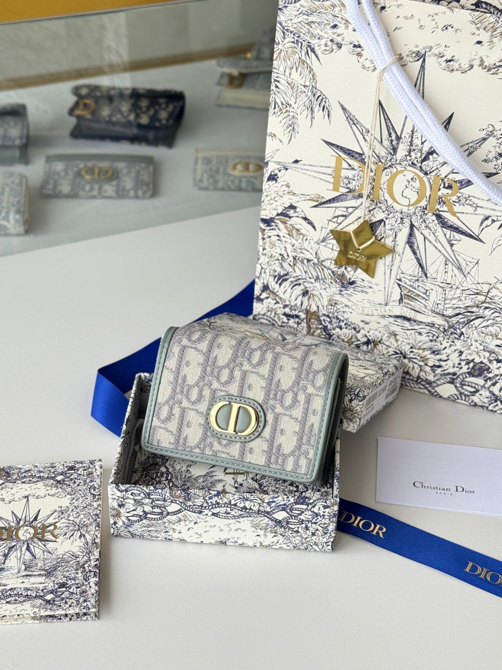 DIOR 25S CARO CARD HOLDER 11 IN GRAY CALFSKIN AND CANVAS GOLD HARDWARE